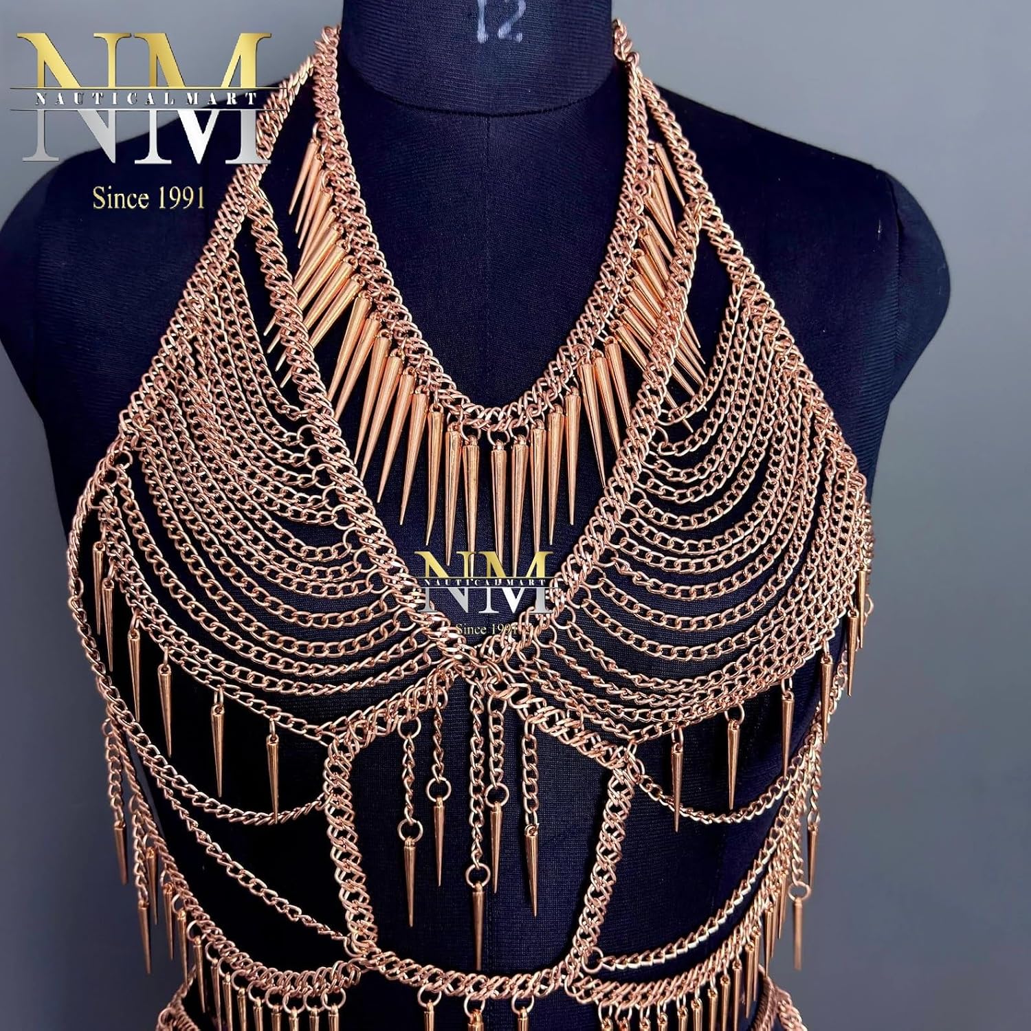 NauticalMart Gold Chain Body Armor Set | Goddess Harness & Skirt, Festival Wear Metal Body Chainmail Fully Wearable Costume For Woman's Perfect For LARP, Cosplay-Roleplay Events, & Pary Wear Costume