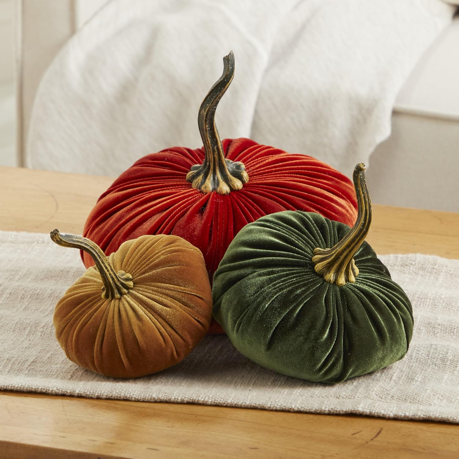 Your Heart's Content Velvet Pumpkins Set of 3 Different Sizes, Warm and Sophisticated Autumn Centerpiece, Fall Mantel Décor, Cozy Farmhouse, Timeless Charming Tabletop (XL Rust Lg Olive Sm Gold)