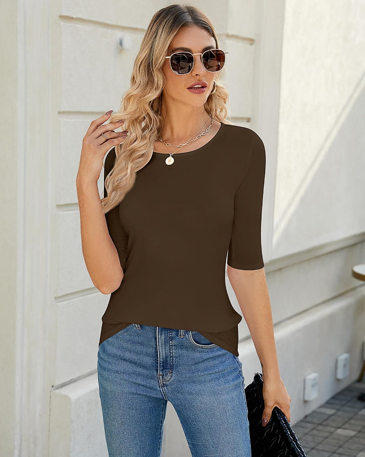 Huukeay 3 Pack Women's Half Sleeve Tops 1/2 Sleeve T-Shirt Womens Basic Round Neck Slim Fit Tight Casual Elbow Summer Tees(X-Large,Black,Brown,Cream)