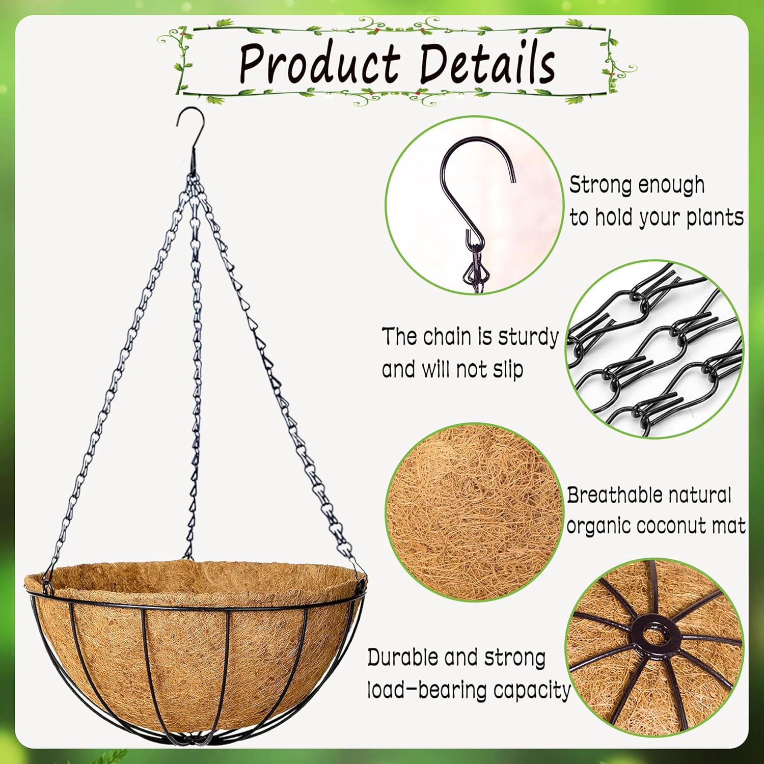 2 Pack Hanging Planters 12 Inch Metal Hanging Planter Basket Flower Pots with Coco Coir Liners Round Wire Plant Holder for Indoor Outdoor Patio Porch Garden Railings Decoration