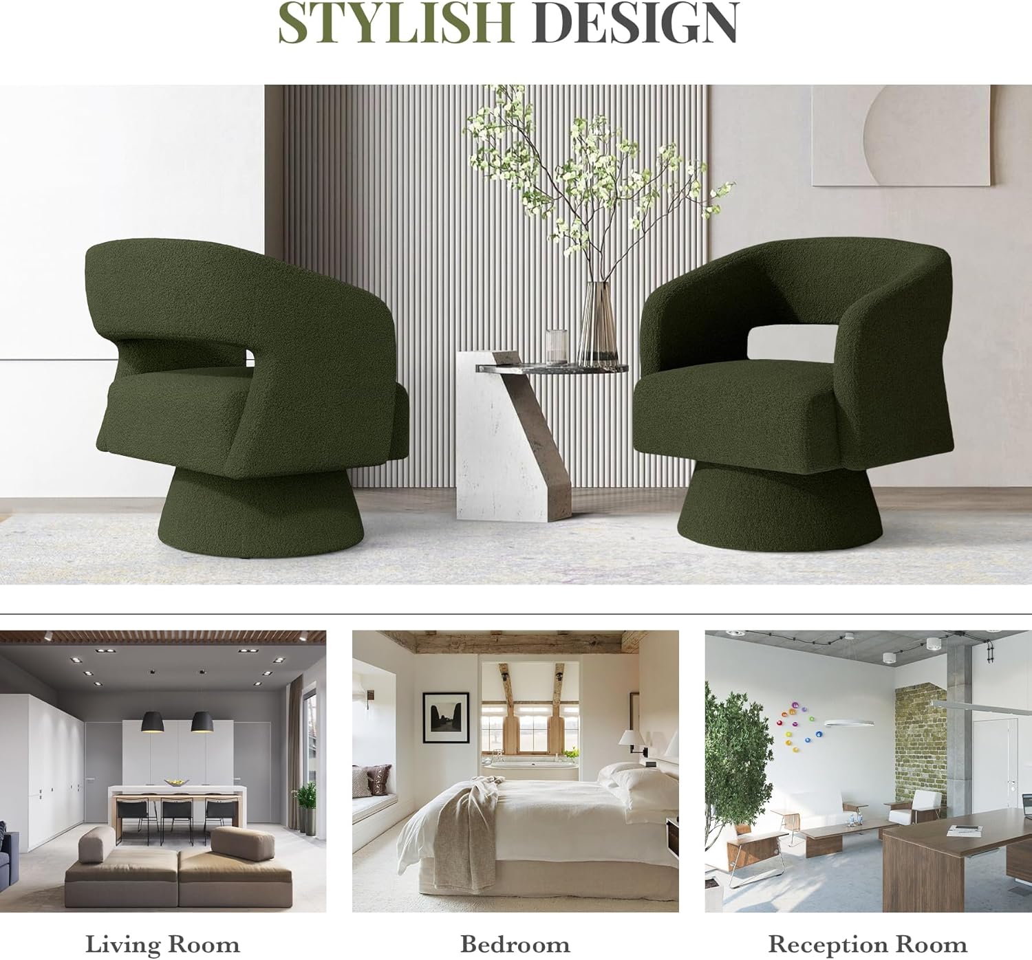 Swivel Barrel Accent Chair,Oversized Teddy Upholstered Round Swivel Chair,Modern Luxury 360 Degree Living Room Vanity Chair for Bedroom Office,Green Set of 1 Green