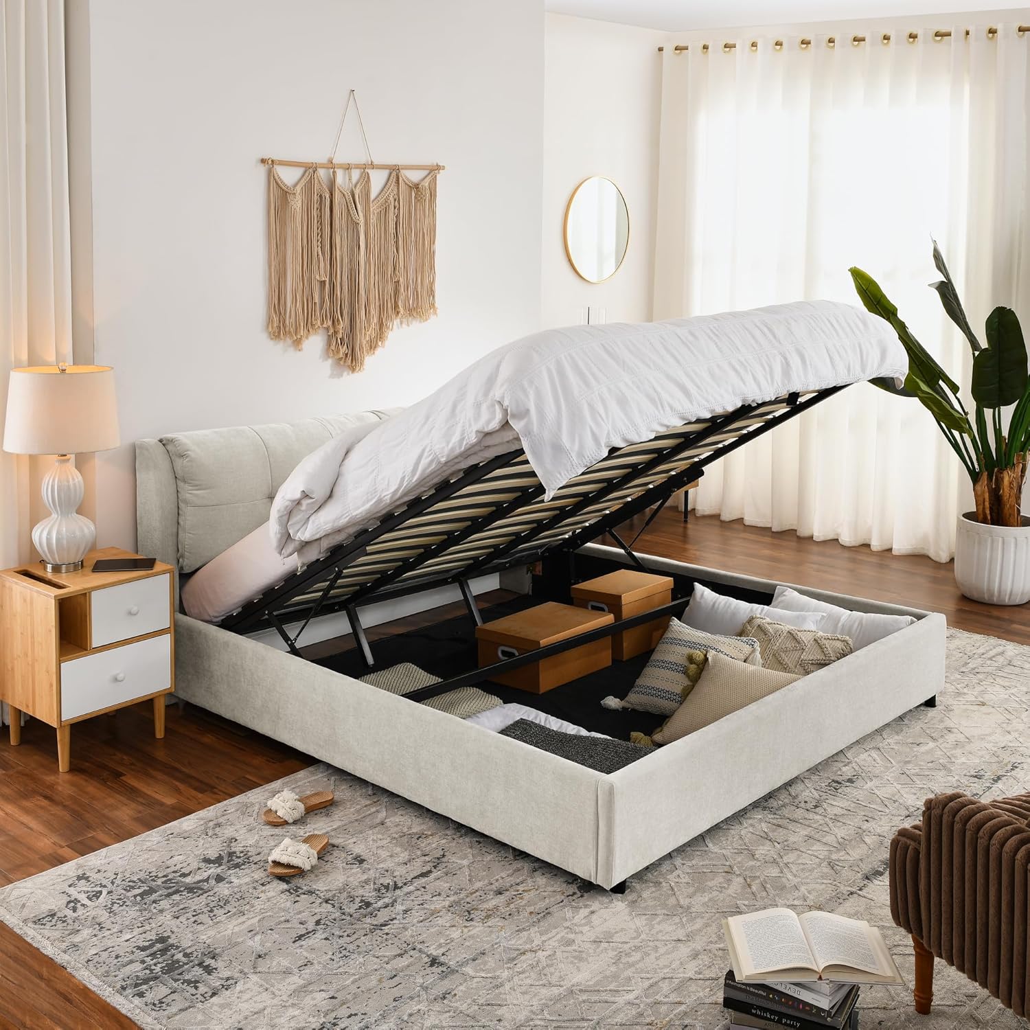 KEIKI King Size Lift Up Storage Platform Bed Frame in Beige Chenille.