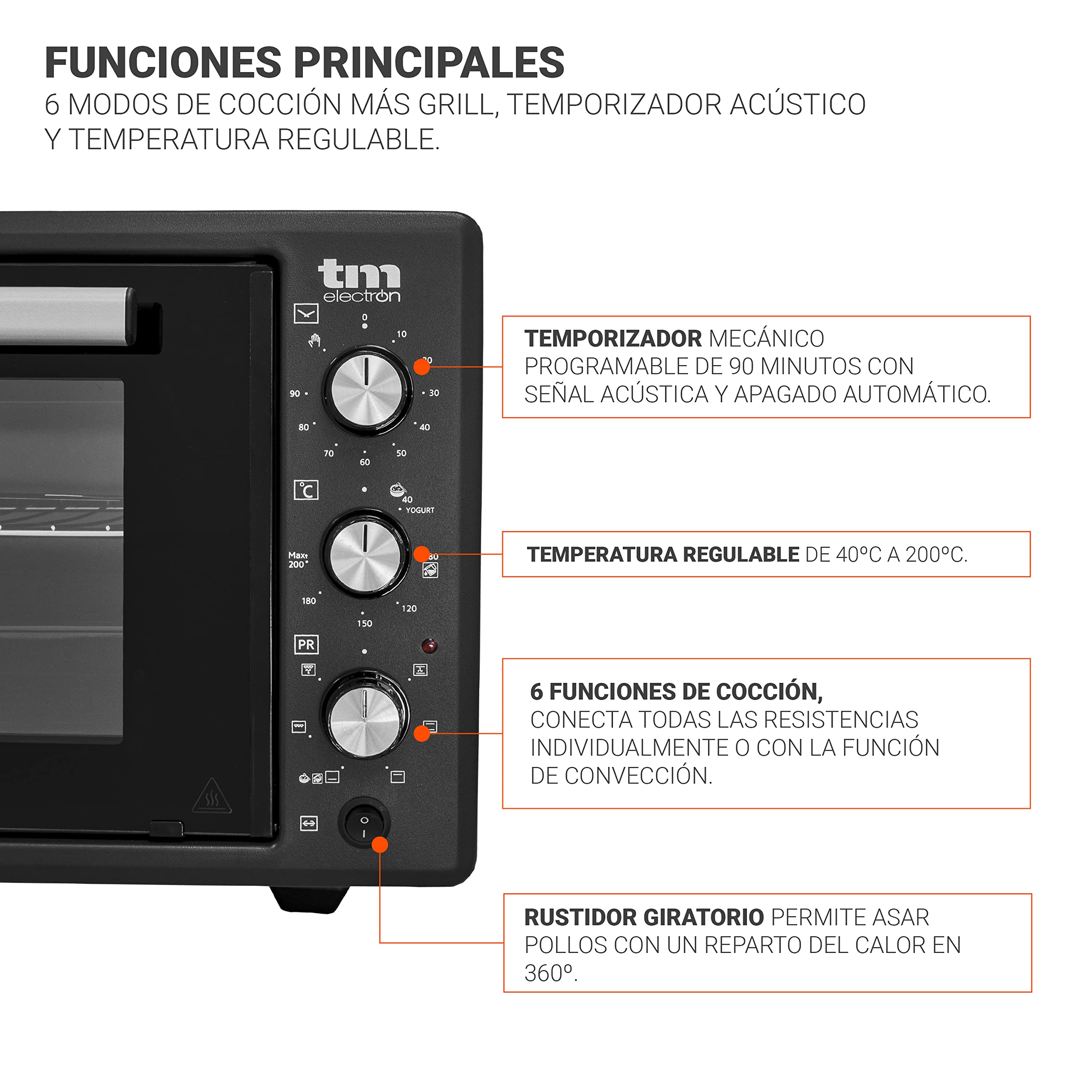 TM Electron TMPHO045 Horno de Convección de Sobremesa, 6 funciones, capacidad de 45 litros, temporizador 90 minutos, temperatura ajustable de 80º hasta 250º, 1400W