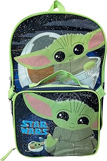 Fast Forward Star Wars The Mandalorian Baby Yoda 15 Inch Kids Backpack With Removable Lunch Box (Grey-Navy-Green)
