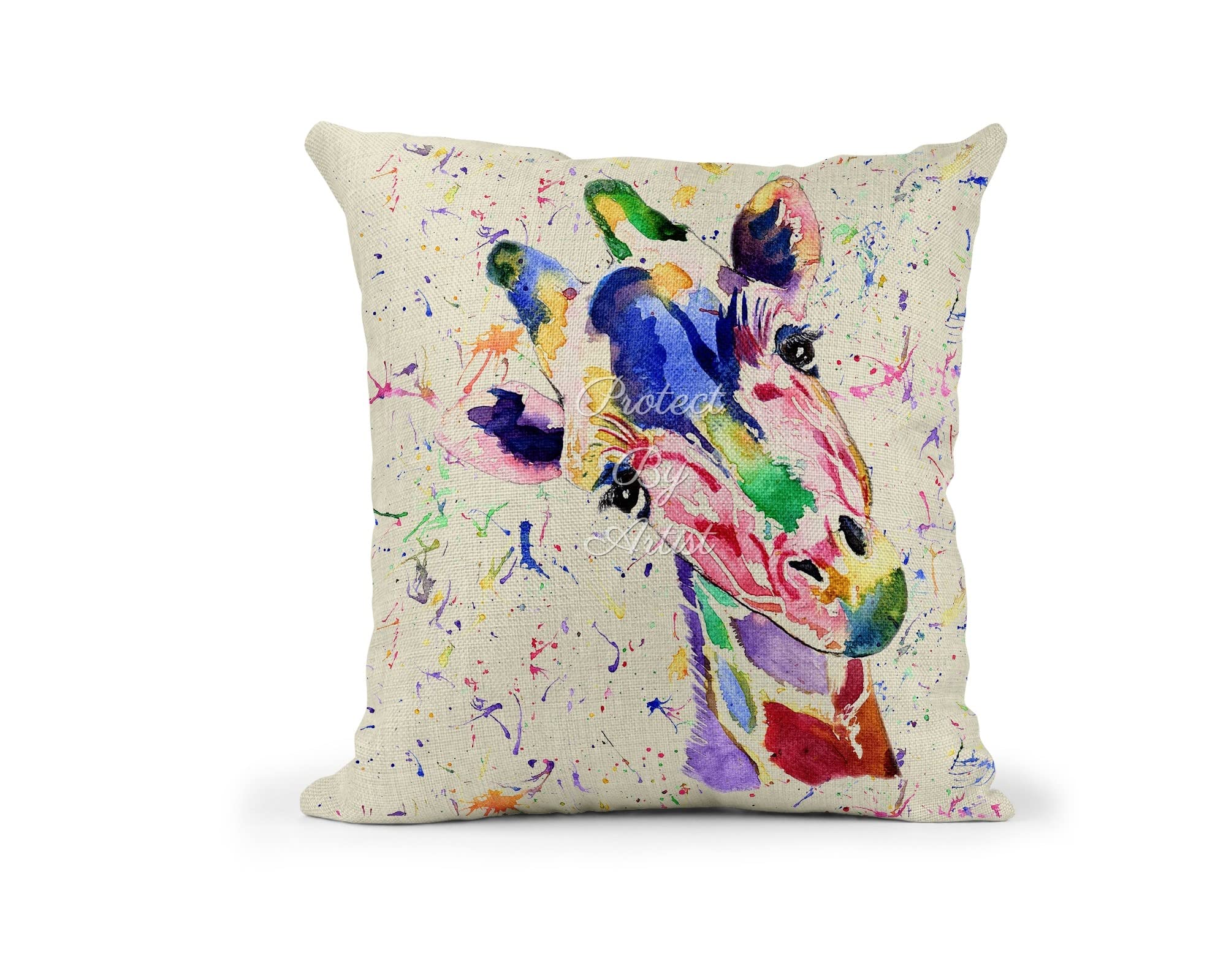 Vixar Multicolor Giraffe Watercolour Rainbow Linnen Cushion With Filling Or Cover Only, 40X40cm, Gift, Christmas, Birthday (Cover Only) (Cover Only)