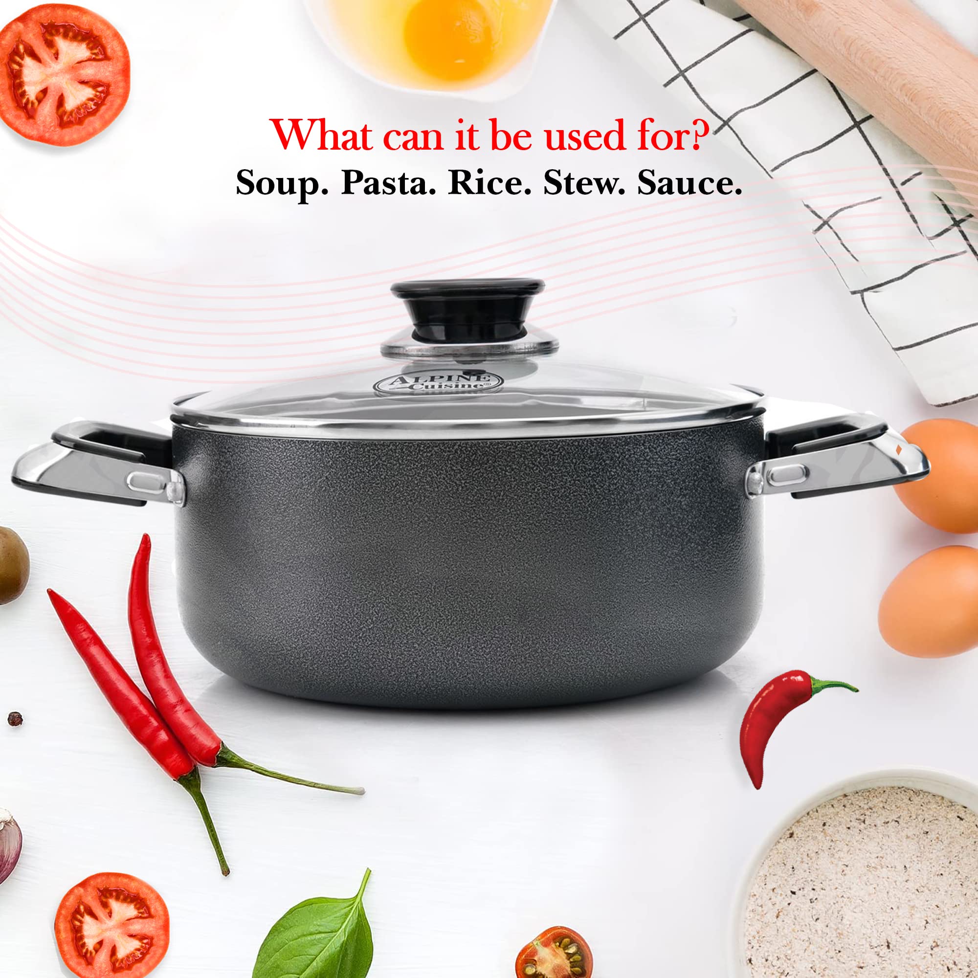 Alpine Cuisine 16 Quart Non-stick Stock Pot with Tempered Glass Lid and Carrying Handles, Multi-Purpose Cookware Aluminum Dutch Oven for Braising, Boiling, Stewing