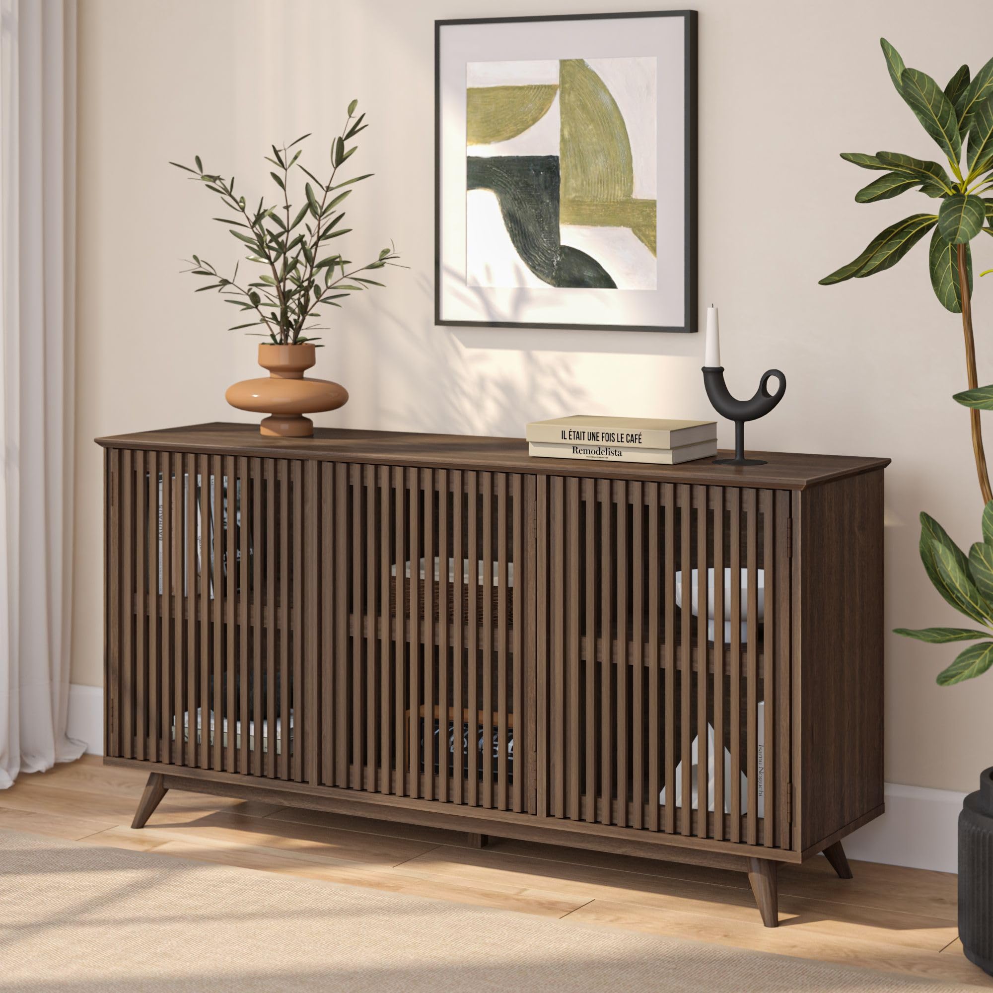 Plank+Beam Mid-Century Modern Wood TV Stand, Three Door Solid Wood Entertainment Console with Storage, 59" L x 16" W x 30" H, Walnut