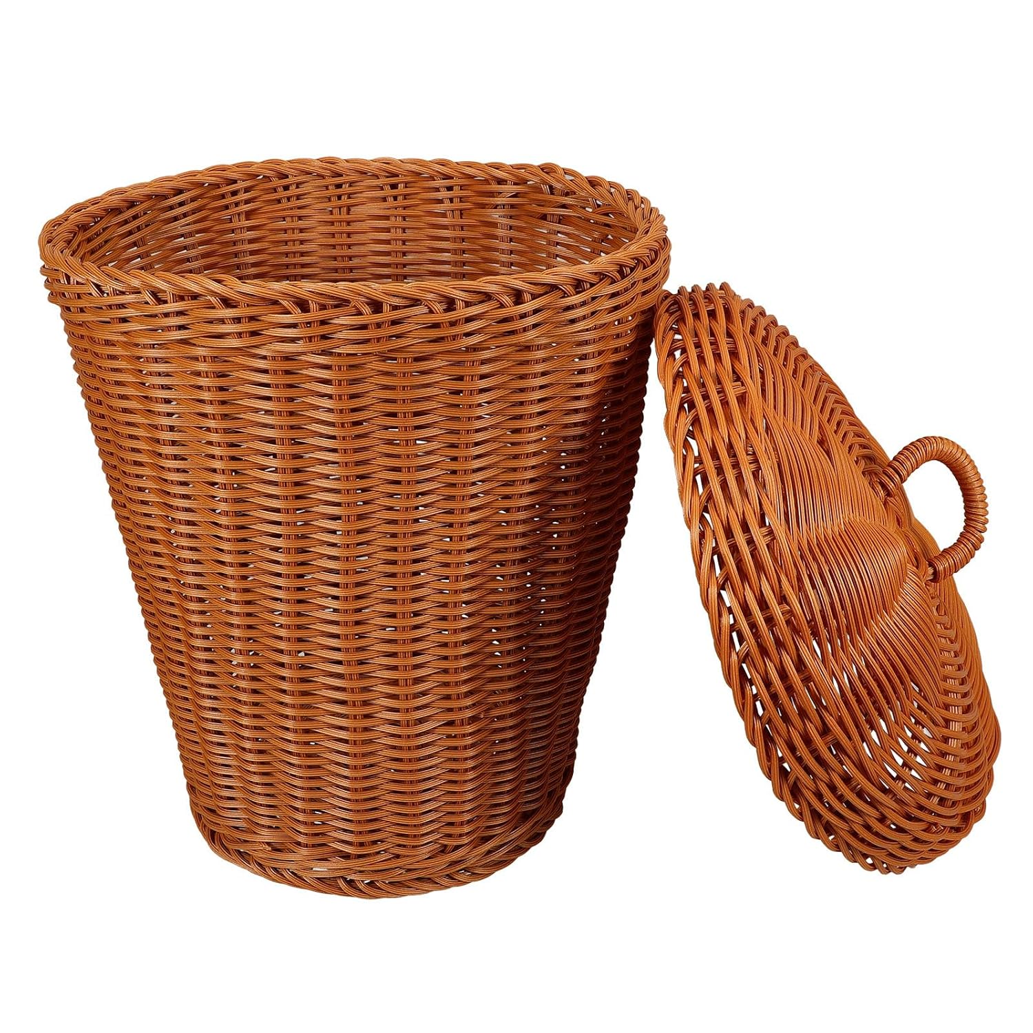 Veemoon Imitation Rattan Wastebasket with Lid, Handmade Woven Sundries Storage Basket, Round Brown Desktop Trash Bin for Home Organization and Office Use