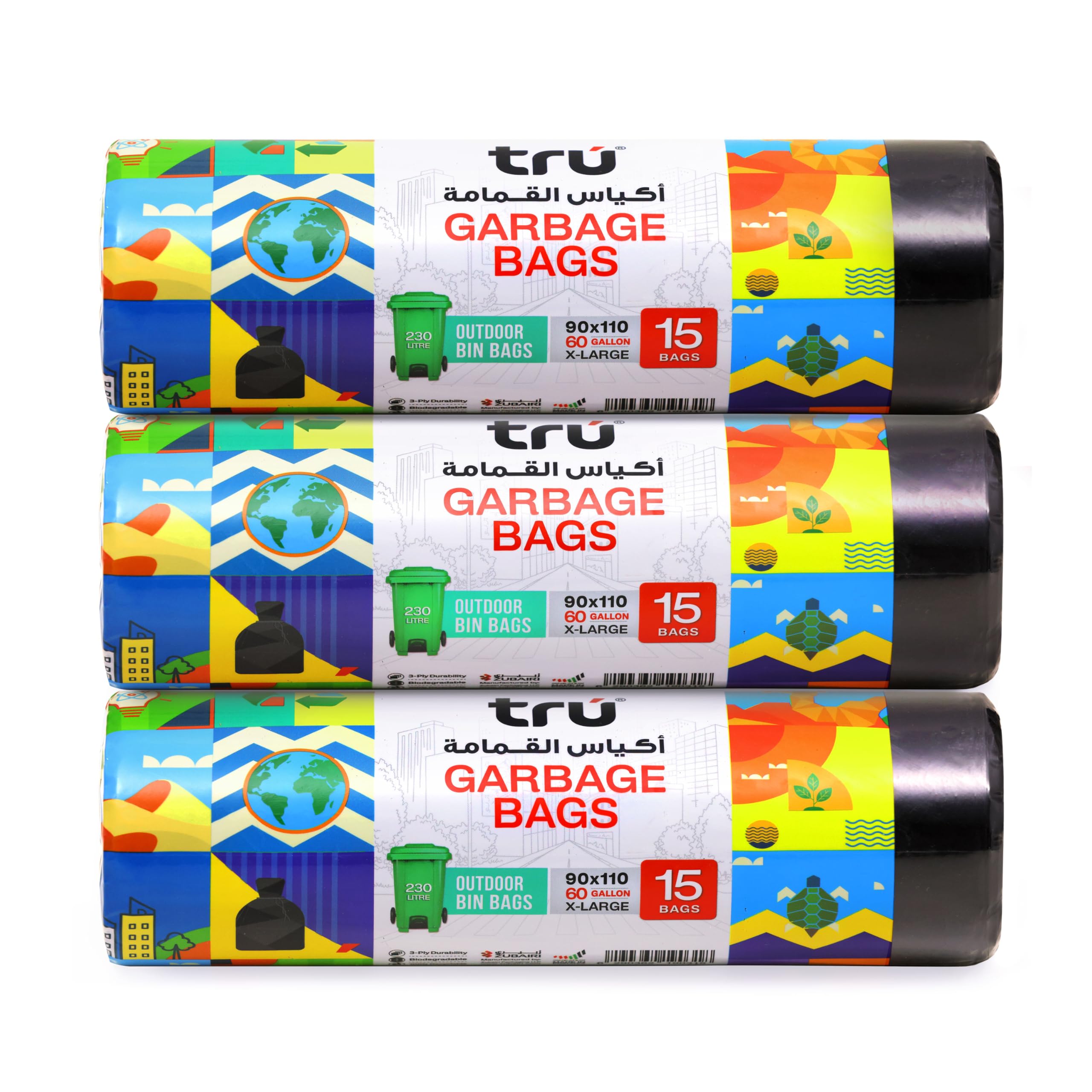 tru® Garbage Bags Compact Roll Black 90x110cm 60Gallon (15pc x 3 Rolls) 45bags