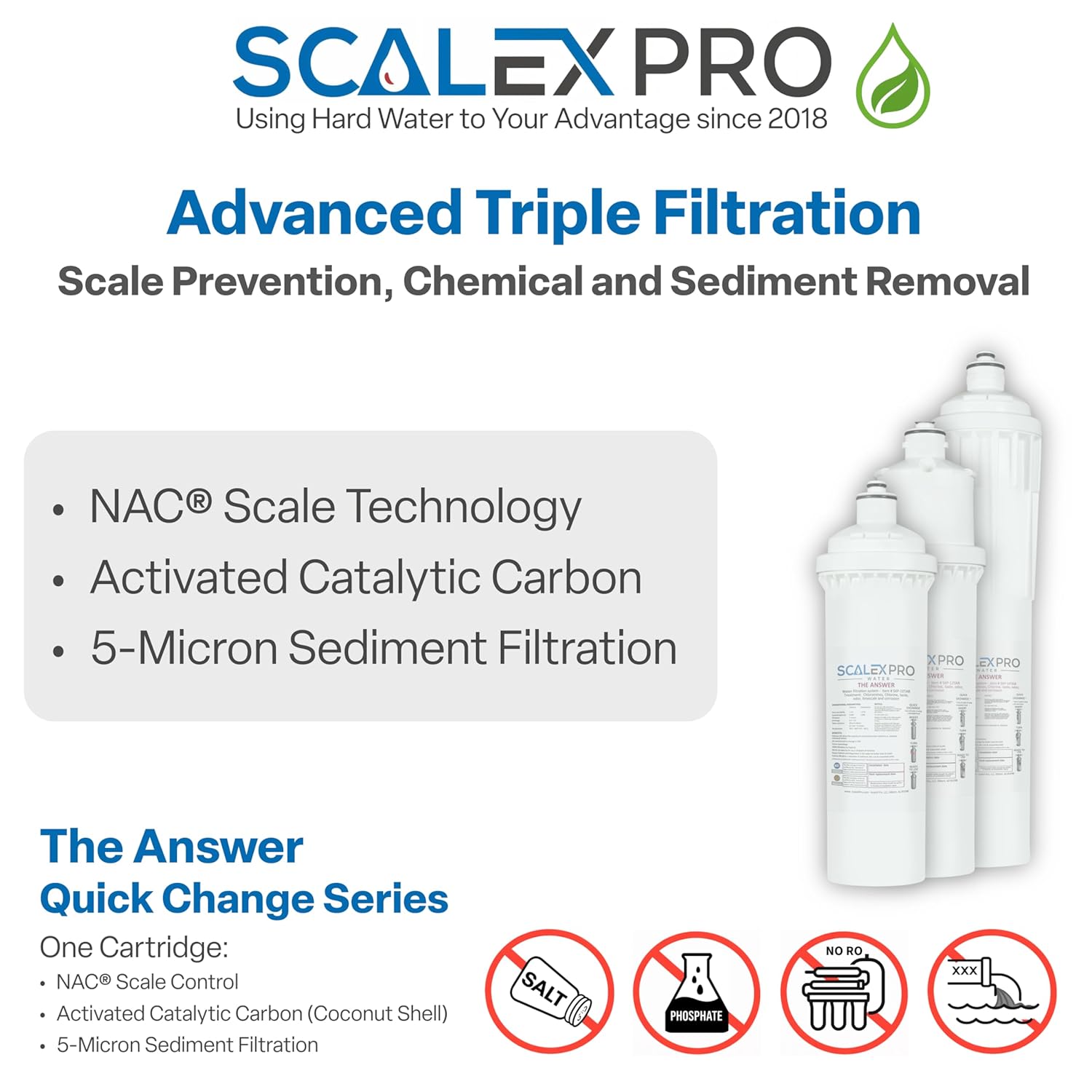The Answer 12” Hard Water Scale Prevention Filter – Salt-Free NAC Technology Stops & Removes Scale Up to 26 Grains, Removes Chlorine & Other Common Municipal Water Chemicals, 7500 Gallons