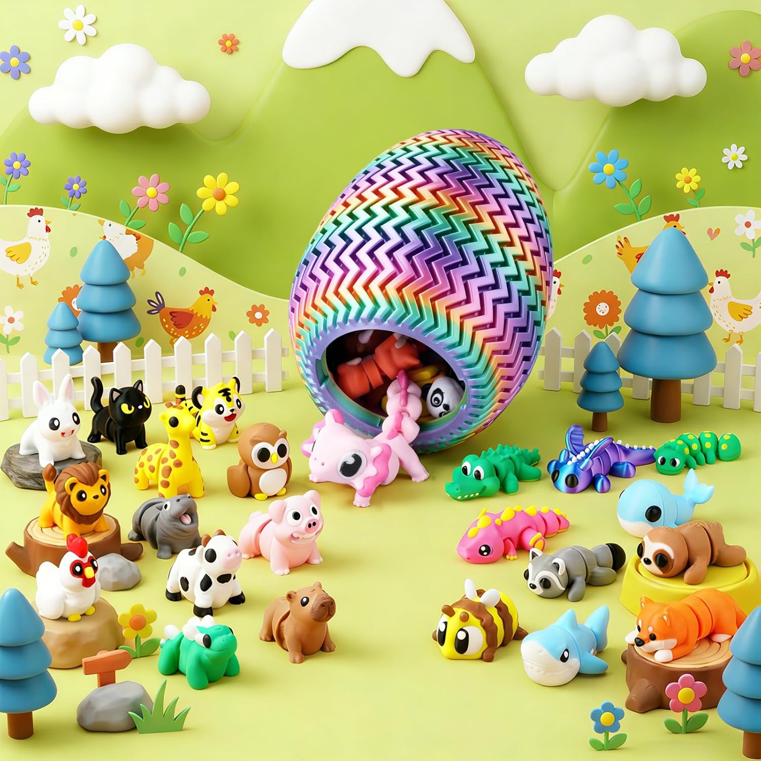 51PCS 3D Printed Animals Easter Basket Stuffers with 5.1” Jumbo Egg & Pink Axolotl, Articulated Animal Figurines for Desk Pets, Secure Twist-Lock Storage Egg, Stress Relief Collectibles