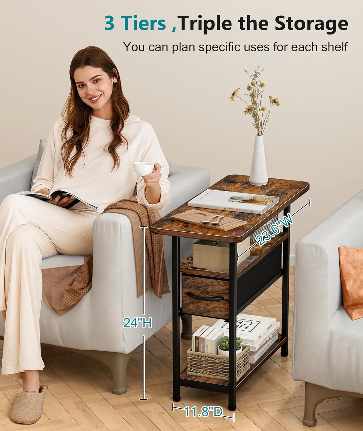 AOODA Narrow Nightstand with Drawers, 3 Tier Skinny Bedside Table for Bedroom, Slim Living Room End Tables with Storage for Small Spaces, Sofa Couch (Brown)