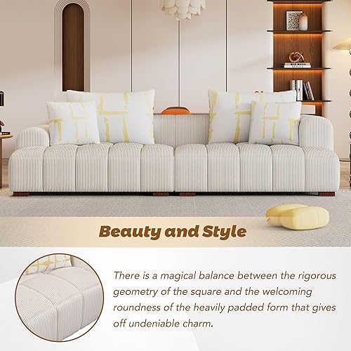 Miniatura 6 de Lifeand Sofá moderno de pana de 103.9 pulgadas, patas de madera de goma, 4 almohadas para sala de estar, dormitorio, sofás de oficina, color beige