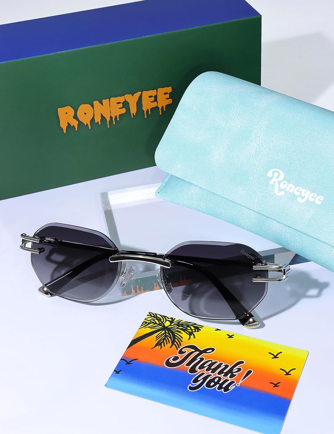 Roneyee Rimless Rectangle Metal Sunglasses Trendy Retro Sun Shades Fashion Frameless Tinted Glasses Eyewear for Men Women