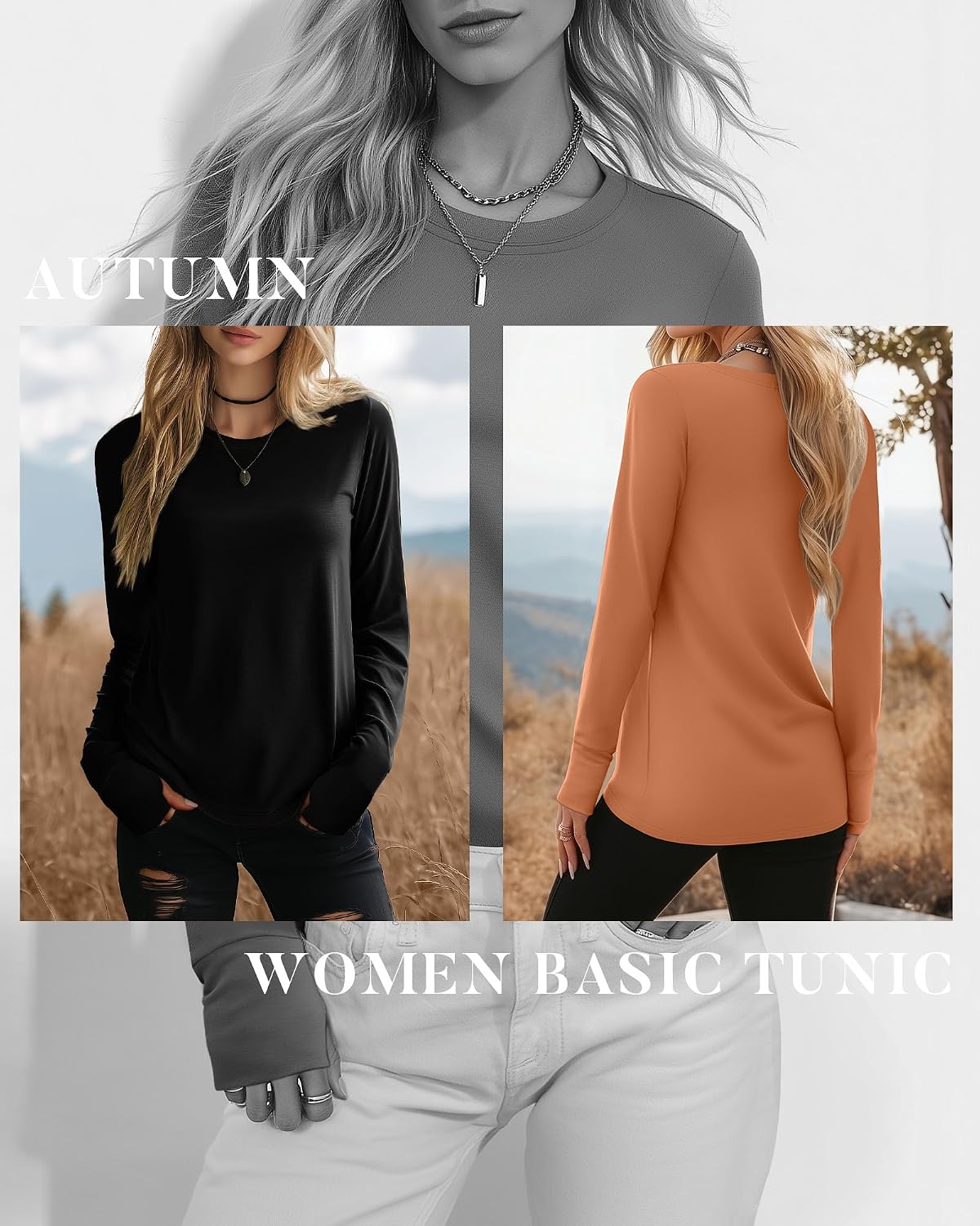 Neer 4 Pack Women's Long Sleeve Shirts with Thumb Holes, Crew Neck Loose Tops Tunic Cotton Blend Casual Y2k Fall Tees