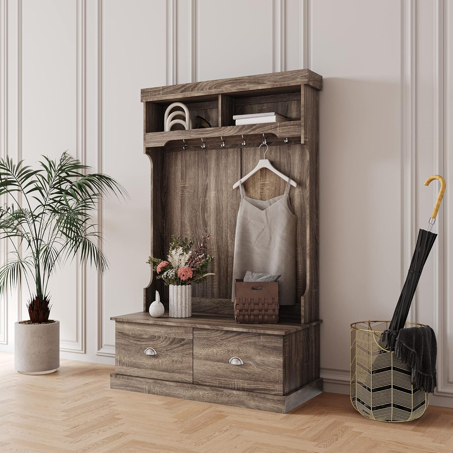 Hall Tree Entryway Coat Rack with 2 Large Drawers, 2 Upper