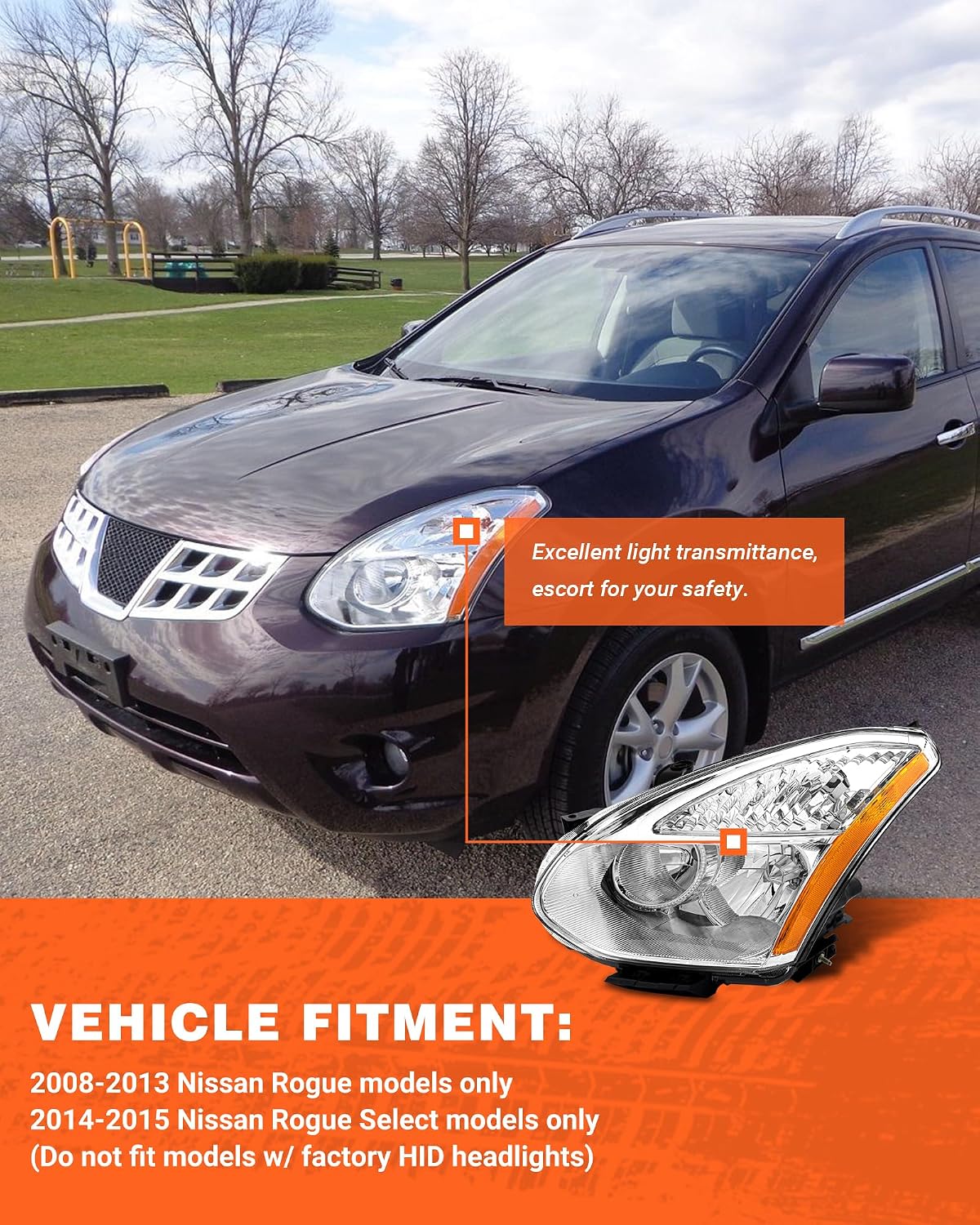 fit 14-15 Nissan Rogue Select Headlamp for 2008 2009 2010 2011 2012 2013 Rogue Chrome Housing Headlight Assembly with Clear Lens Amber Reflector Replacement Left+Right Pairs