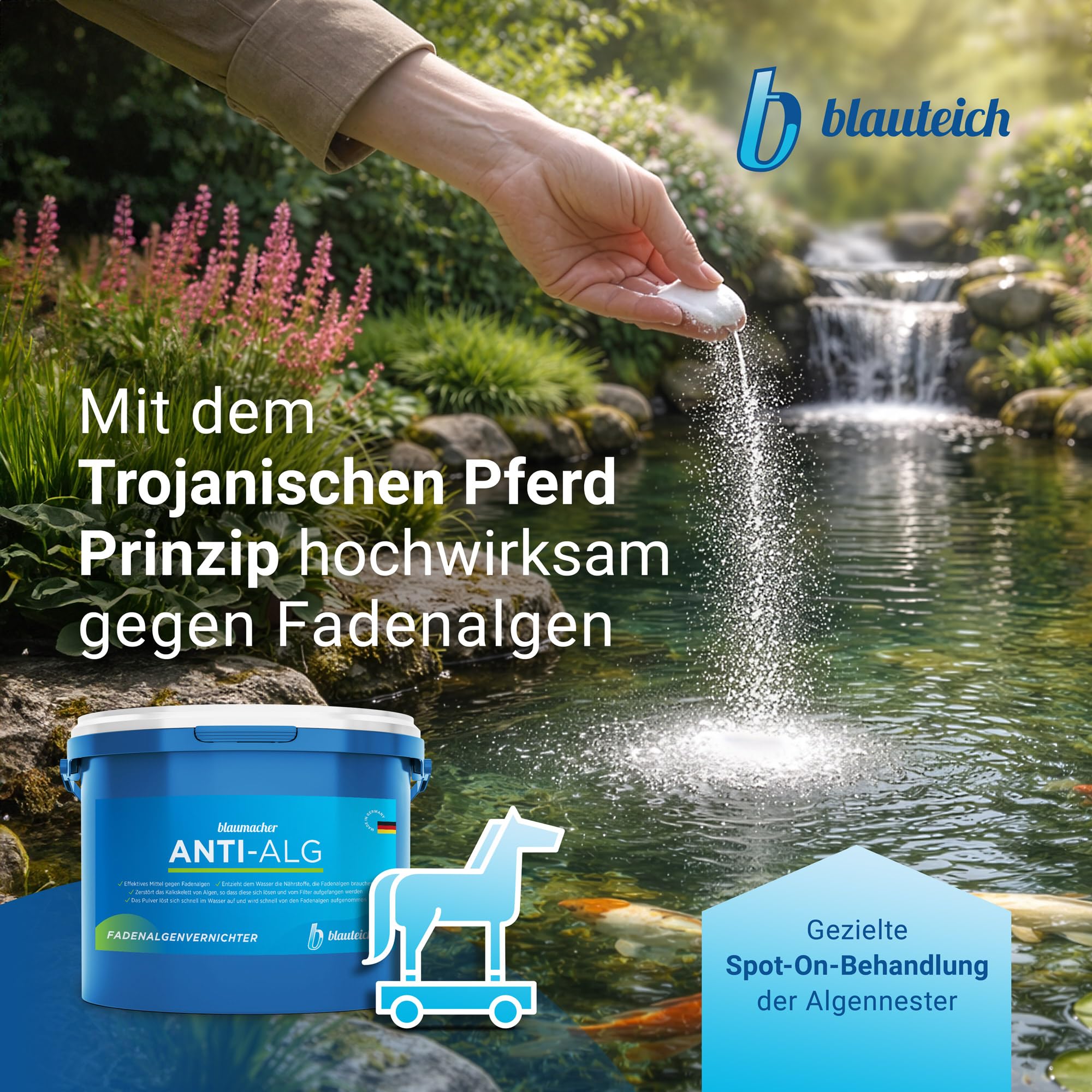blaumacher Anti-ALG Fadenalgenvernichter für Gartenteiche – Startbehandlung für bis zu 20.000 Liter Teichwasser – 2 kg