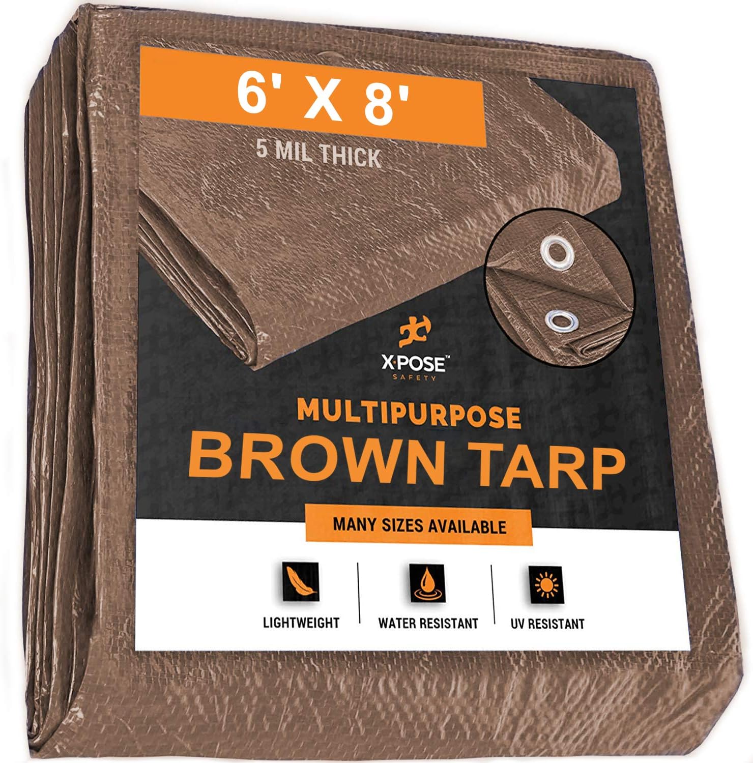 Xpose Safety Multipurpose Protective Cover Brown Poly Tarp 6' x 8' - Durable, Water Resistant, Weather Resistant - 5 Mil Thick Polyethylene -