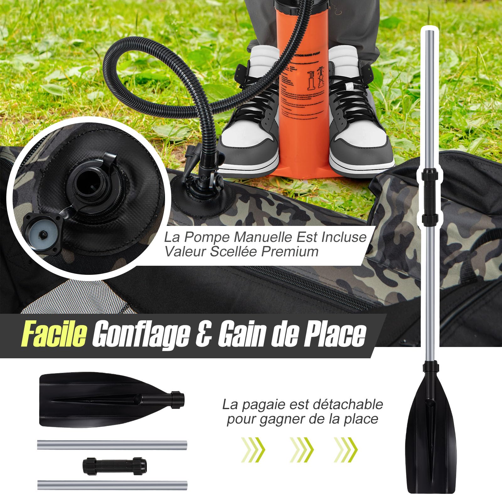 GOPLUS Bateau Pêche Gonflable, Float Tube Tissu Polyester avec Support de Canne Peches, Dossier, Sangles Réglables, Pompe, Règle à Poisson, Poches Rangement, Pagaie, Capacité 150KG