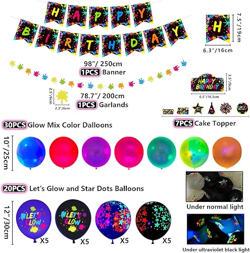 Miniatura 3 de 225 piezas de suministros de fiesta de neón brillante, globo, pancarta de cumpleaños en la oscuridad, guirnaldas, decoración de pastel, mantel,