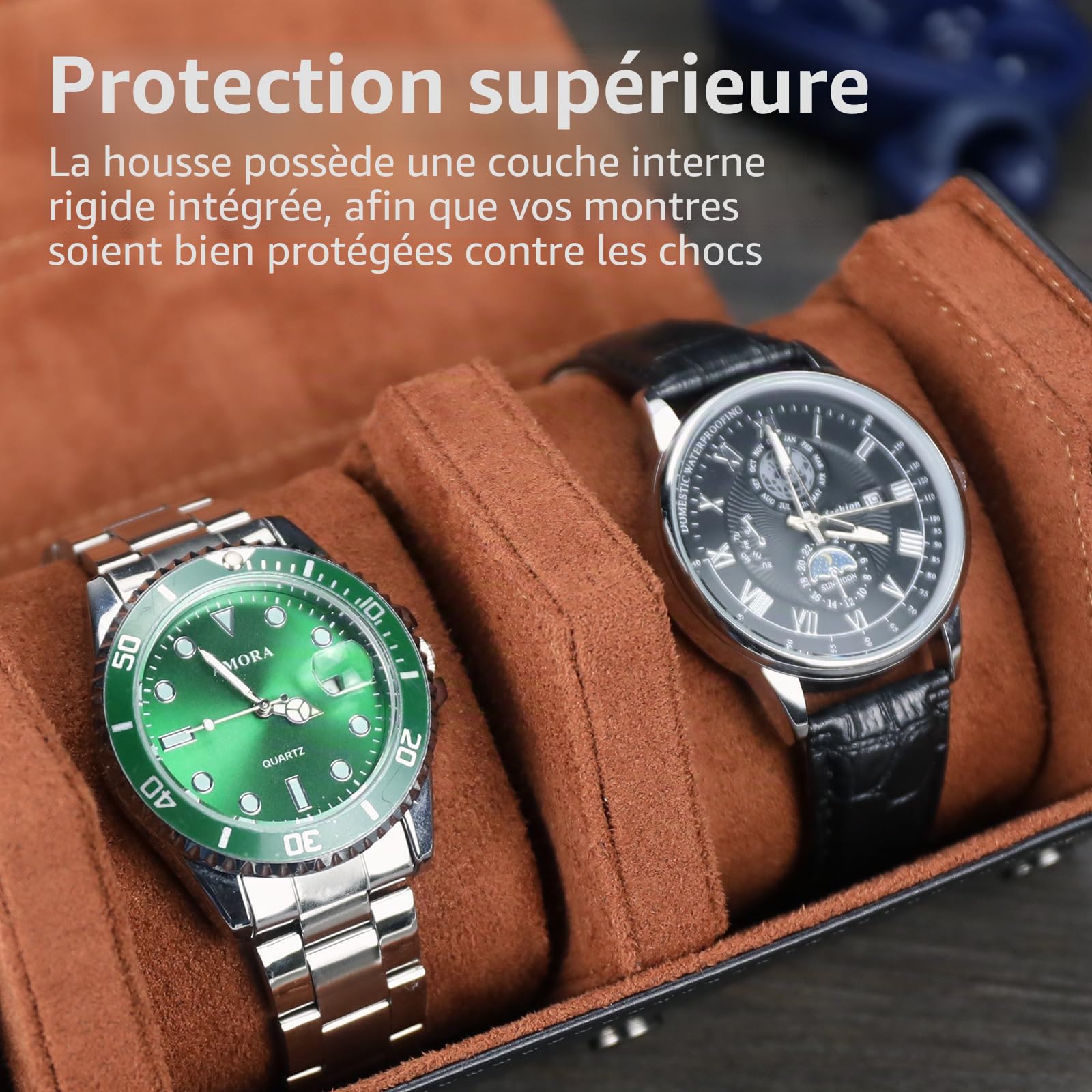 Boîte à Montre Hexagonale, Boîte à Montres 4 Montres pour Hommes | Rangement de Montres, Rouleau Montre de Voyage Portable Boite a Montre en Cuir PU (Noir/Brun)