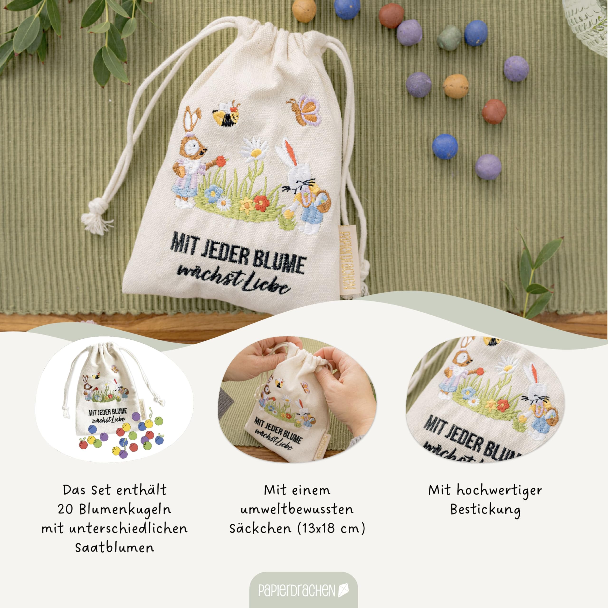 Papierdrachen 20 bolas de flores con saquito de conejo de Pascua – Semillas de flores – Pascua – Bordado colorido – Abejas – Regalo sostenible