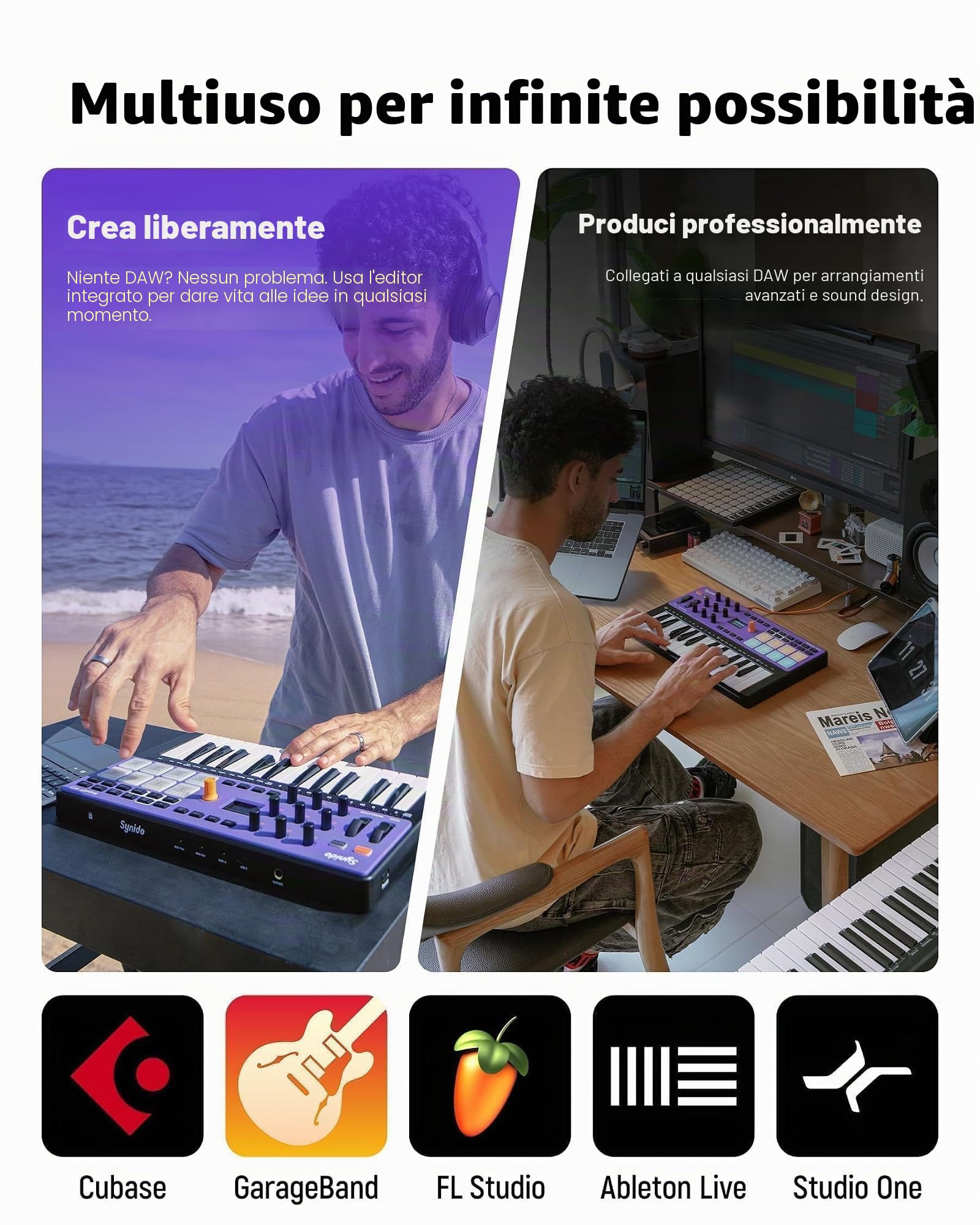 Synido TempoKEY W25 - Tastiera controller MIDI USB C con connessione wireless a 25 tasti, ricaricabile con 8 pad RGB Velocity, schermo OLED, In/Out/Thru, tastiera MIDI professionale per produzione