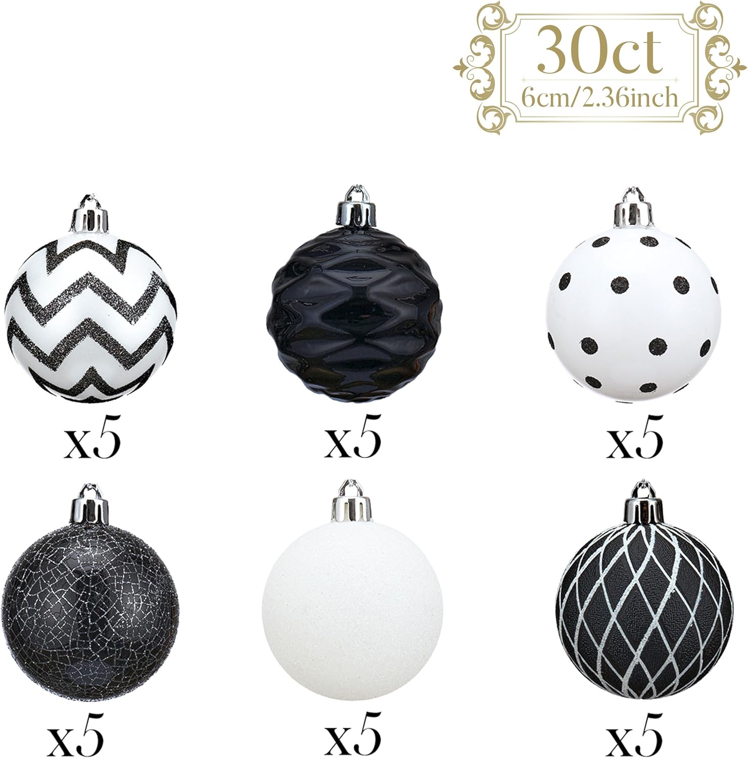 Valery Madelyn Christmas Ornaments Tree Decorations, 30ct Black and White Shatterproof Christmas Ball Ornaments Set, 2.36 Inch Boho Modern Decorative Hanging Ornament Bulk for Xmas Holiday Party Decor