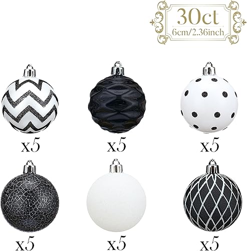Miniatura 4 de Valery Madelyn Juego de adornos de bolas de Navidad inastillables, 30 unidades, blanco y negro, 2.36 pulgadas, decoraciones modernas para colgar