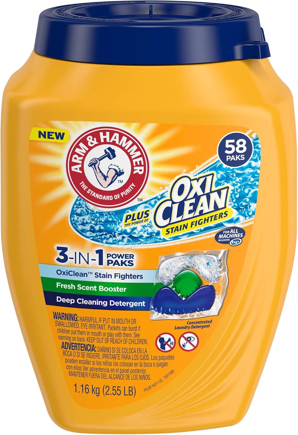 Arm & Hammer Plus Oxiclean 3-in-1 Laundry Detergent Paks, 58 Count
