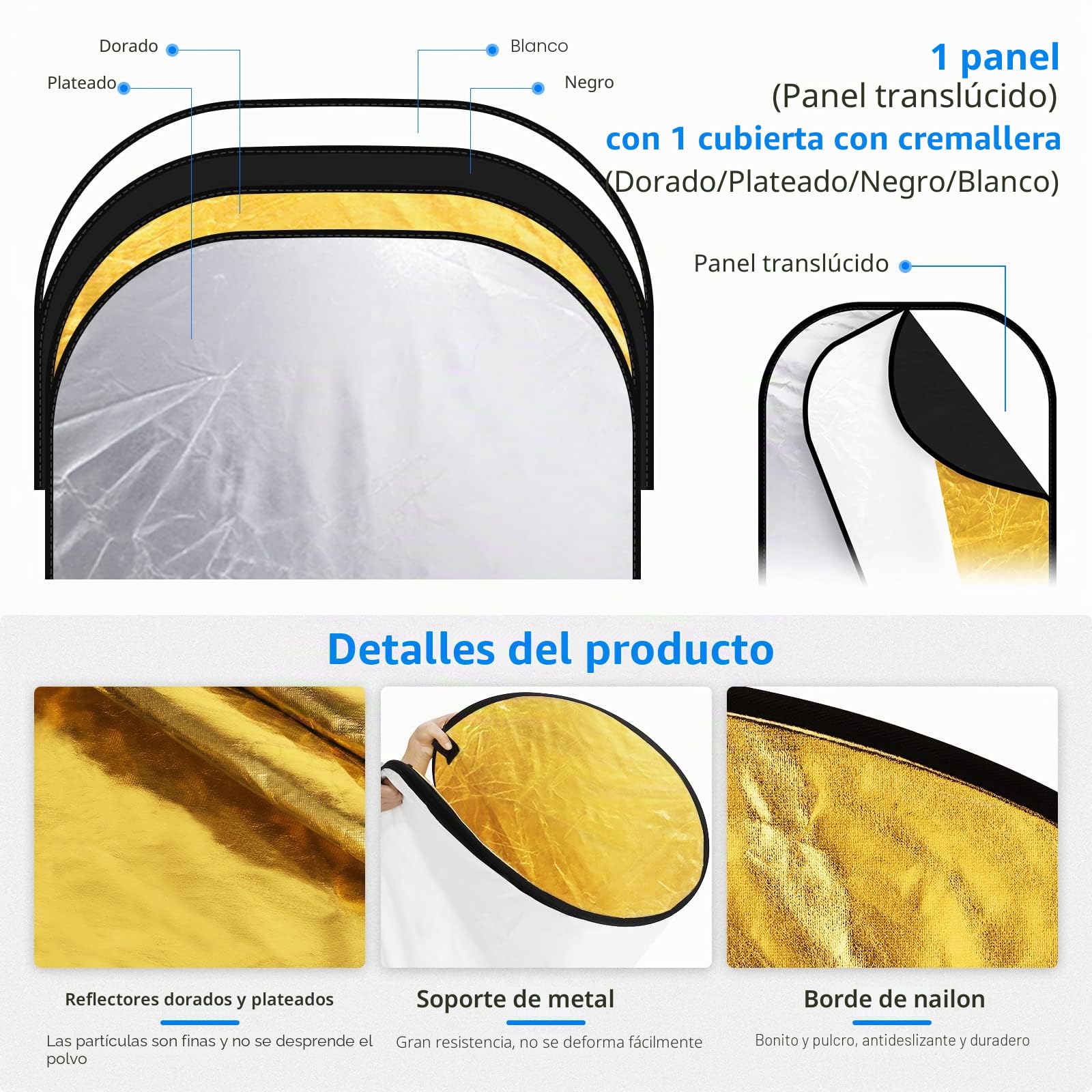 Neewer® Reflector de luz Ovalado 5 en 1, 120 x 180 cm, Plegable, Profesional, con Superficie translúcida, Plata, Negro, Oro, Blanco