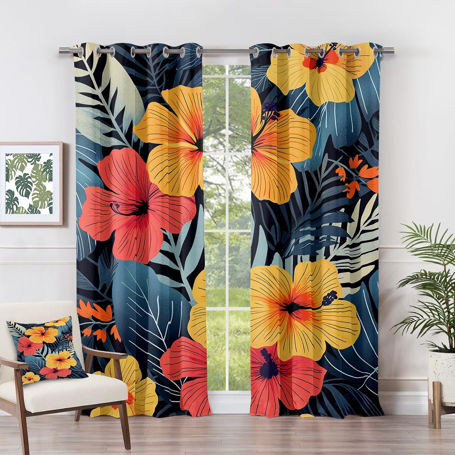 Tropical Plant Curtains 63 Inch Length - Colorful Floral Leaf Hawaiian Patterned Blackout Curtains for Living Room Bedroom, Room Darkening Grommet Drapes Window Treatments, 2 Panel Set