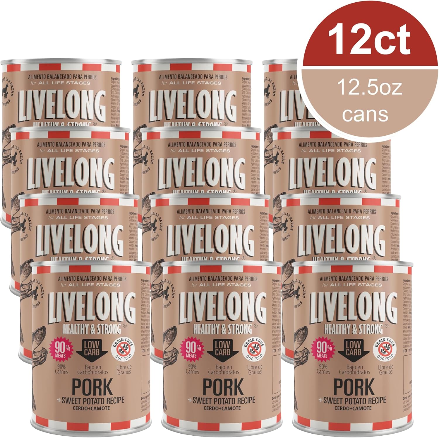 Livelong Healthy & Strong: 12 Pack: Pork & Sweet Potato Recipe - 12.5oz Cans, Wet Dog Food, High Protein, All Natural, No Preservatives, USA Made