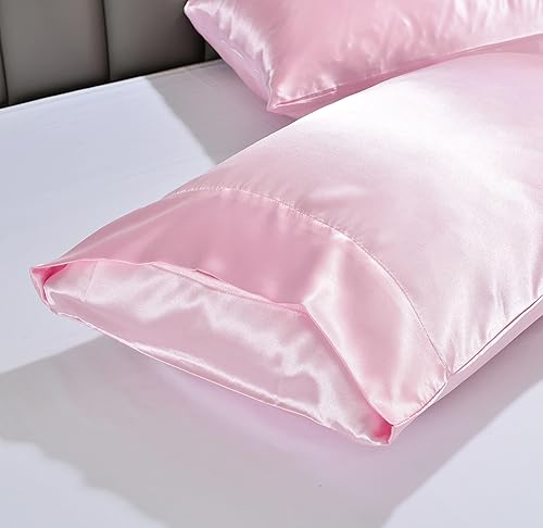 Miniatura 4 de Paquete de 2 fundas de almohada de satén para cabello y piel, juego de 2 fundas de almohada de satén con cierre envolvente (estándarQueen, rosa)