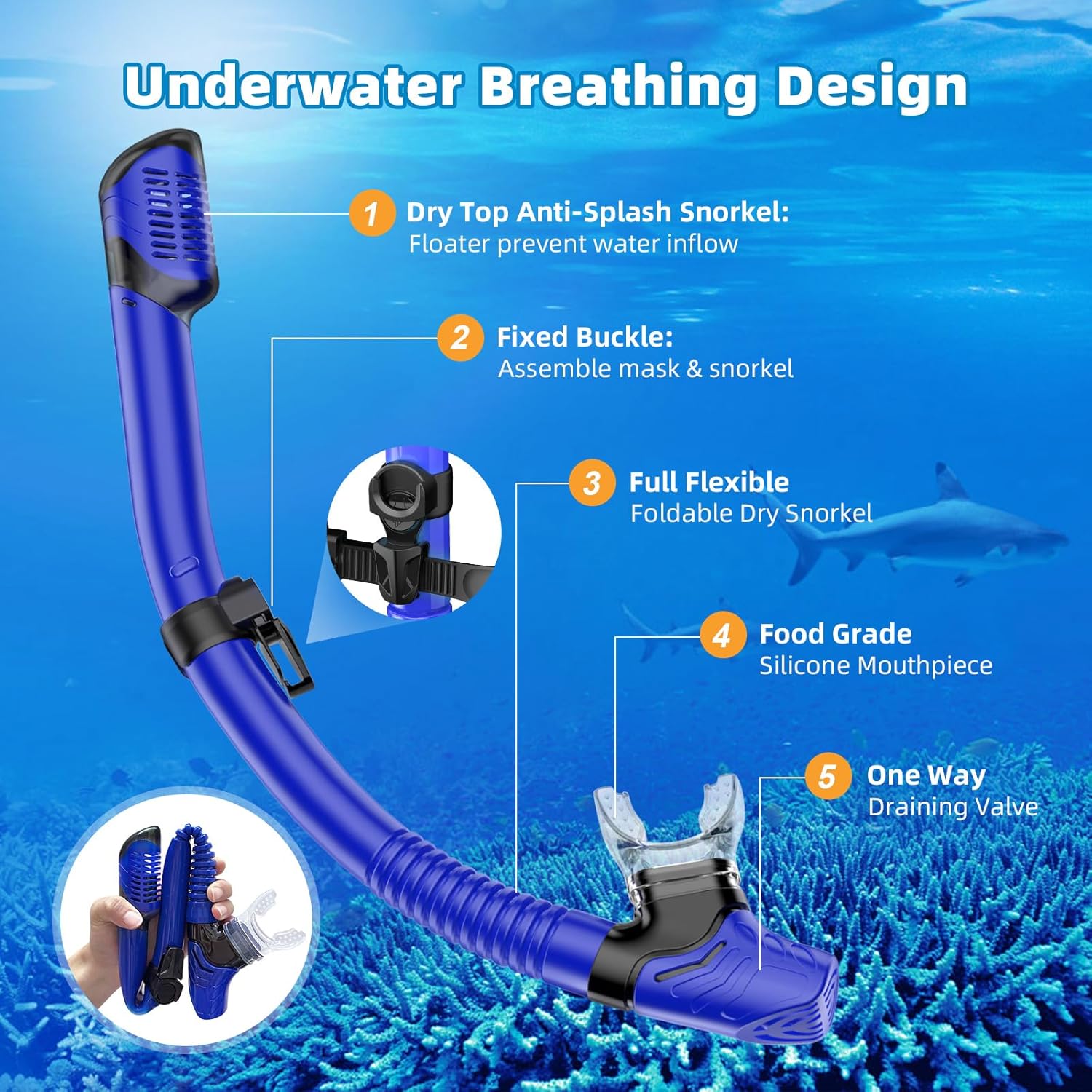 Snorkel Set Adults Snorkeling Gear Anti-Leak and Anti-Fog Tempered Glass Lens Panoramic View Swim Mask Dry Top Snorkel Kit for Snorkeling Scuba Diving Swimming Travel with Carry Bag - Image 5