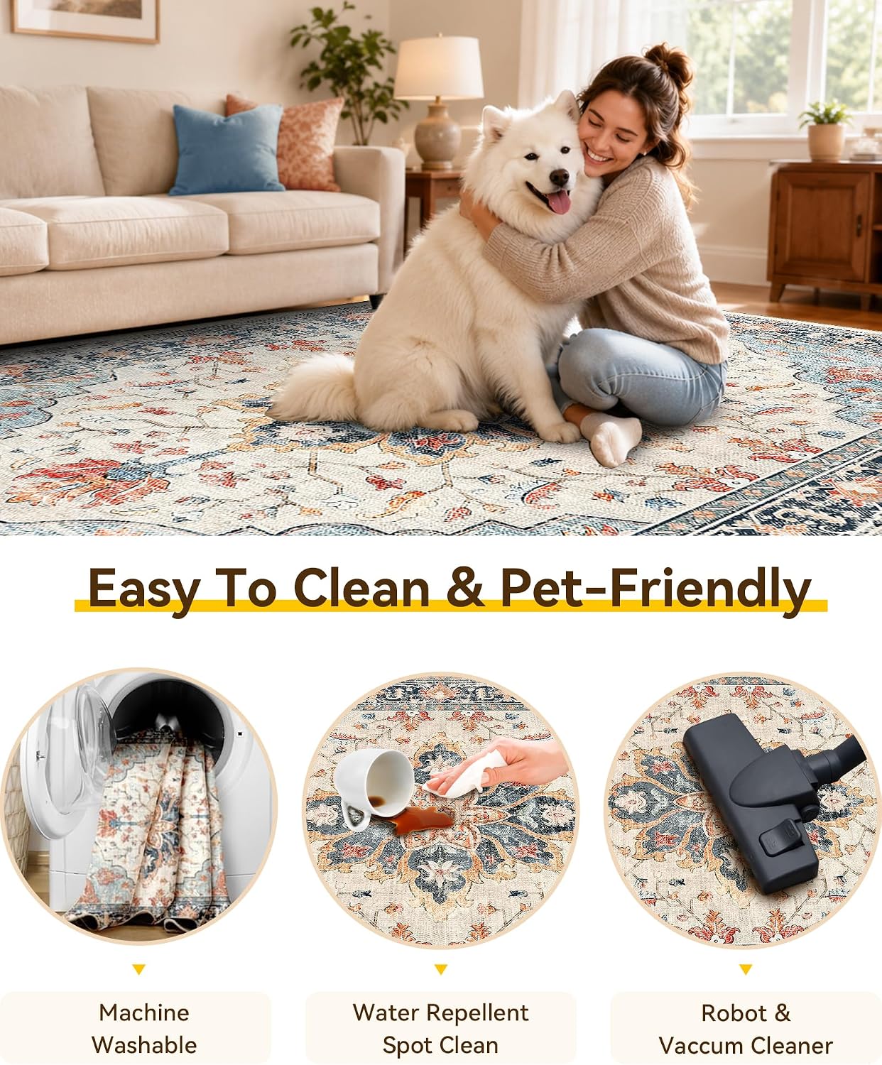 RELEANY Washable Vacuum-Friendly Area Rugs 8'x10' Beige/Blue/Orange image 5