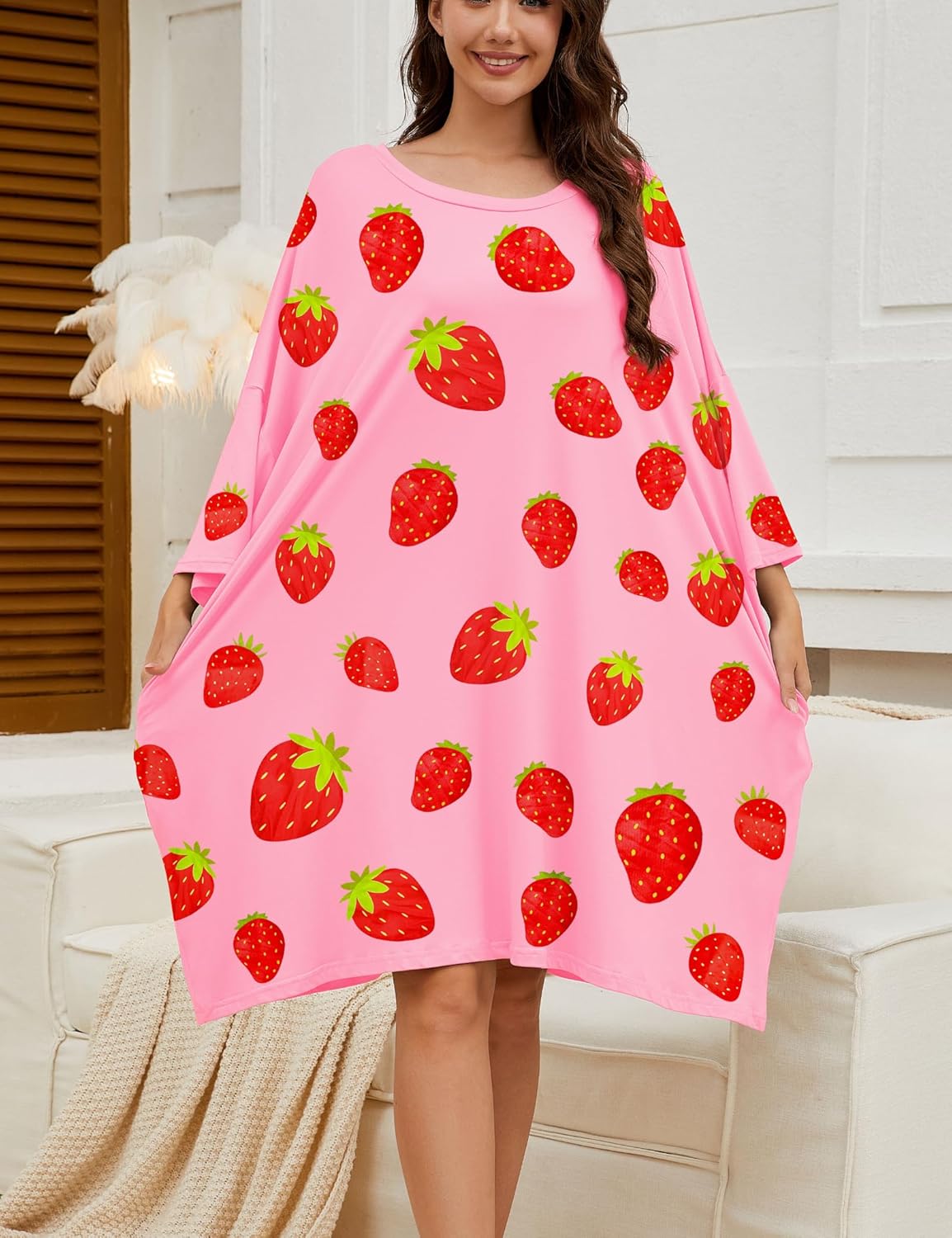 Chunoy Women Oversized Nightgown Short Sleeve Sleepwear Dress with Pockets - Image 2