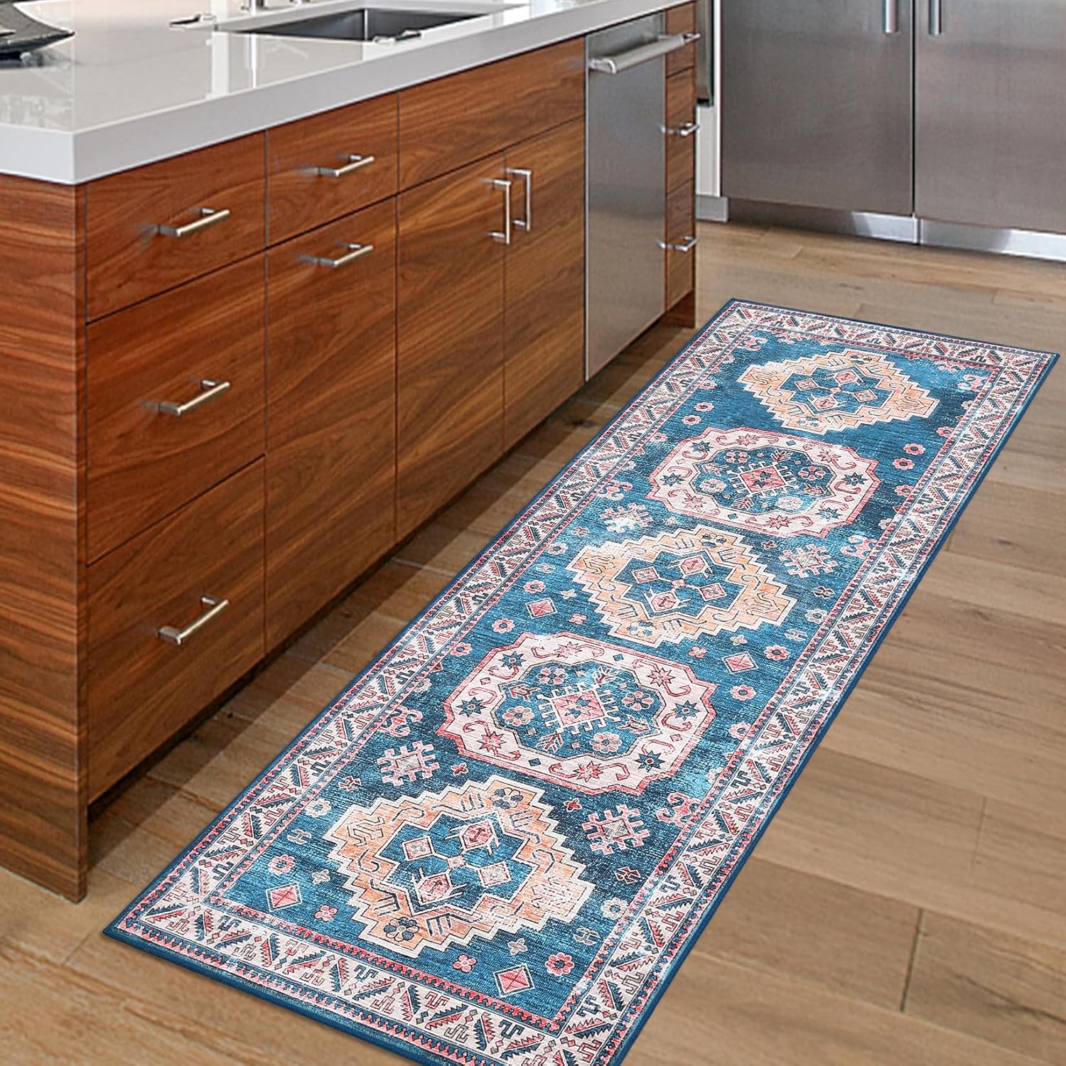 WESTLOOM Runner Rug for Hallway 2x6 Washable Kitchen Runner Rug Stain Resistant Non-Slip Low-Pile Indoor Throw Floor Carpet Rug for Living Room Bedroom Nursery, Blue