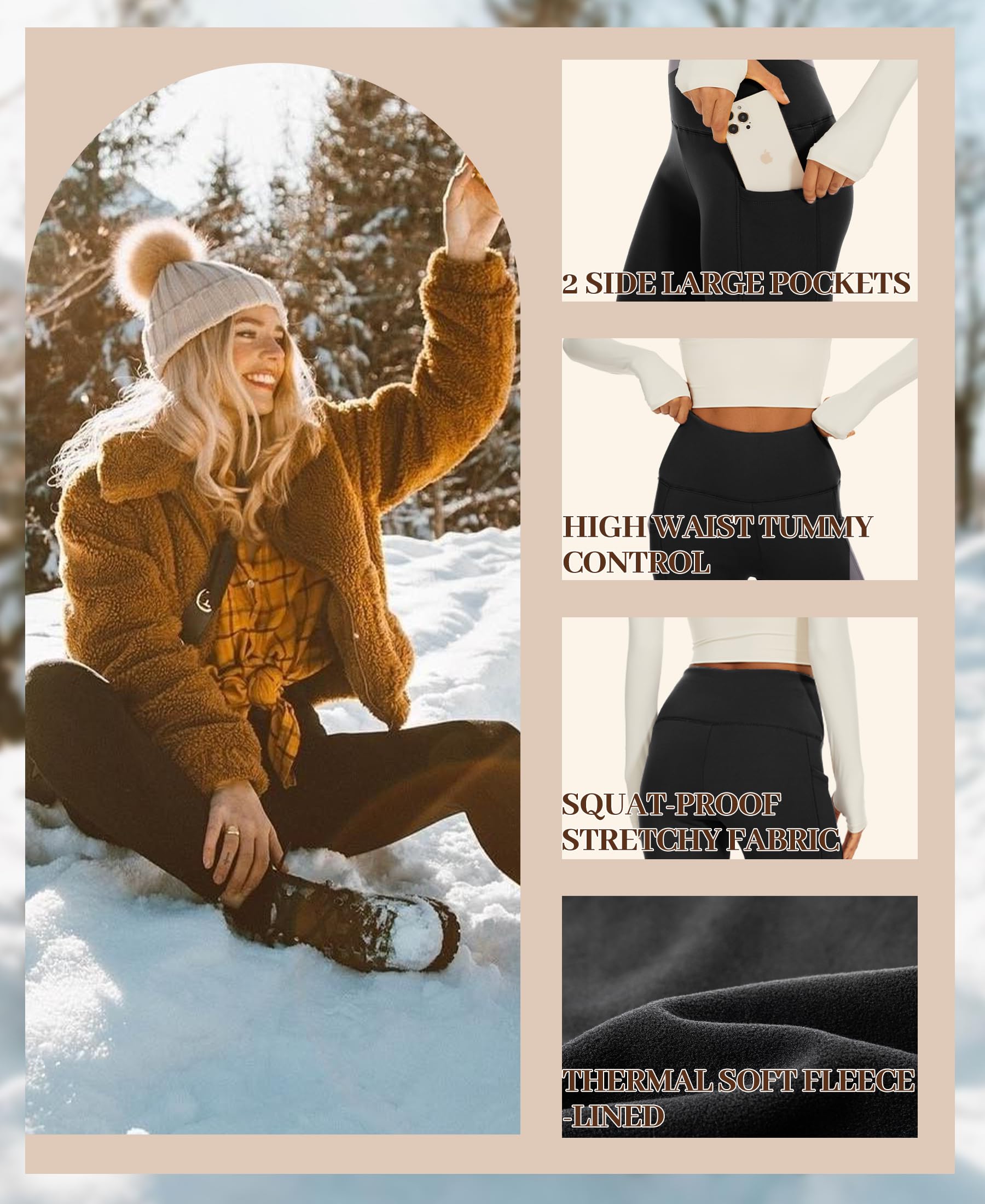 Paquete de 3 leggings con forro polar para mujer con bolsillos, control de abdomen, pantalones térmicos de yoga cálidos, talla grande, S/M-4XL, Negro/Negro/Negro, Pequeña a mediana 3