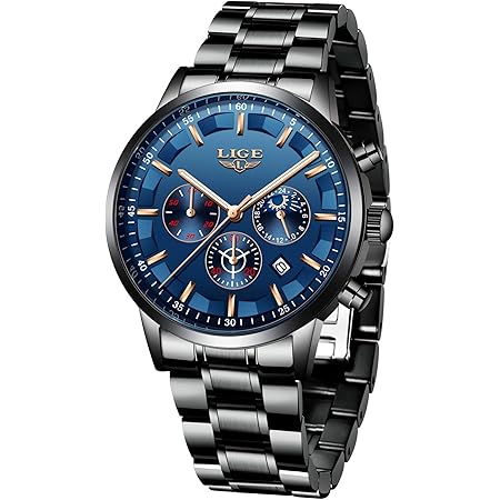 Montres Hommes Sport Imperméable Acier Inoxydable Analogue Quartz Montre  Homme Luxe Marque LIGE Mode Chronographe Phase de Lune Montre-Bracelet avec  Noir Bleu : Amazon.fr: Mode