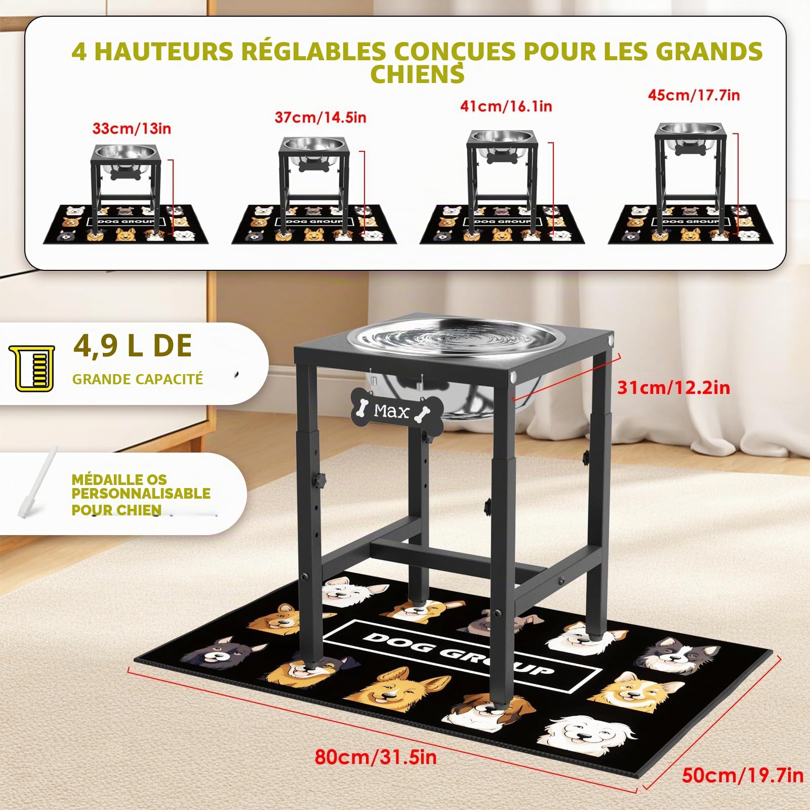 ADENGL Gamelle d'eau surélevée de 5 litres pour grands chiens, 4 hauteurs réglables (33 à 45,7 cm), bol surélevé en acier inoxydable avec tapis anti-déversement et support en métal robuste, mangeoire
