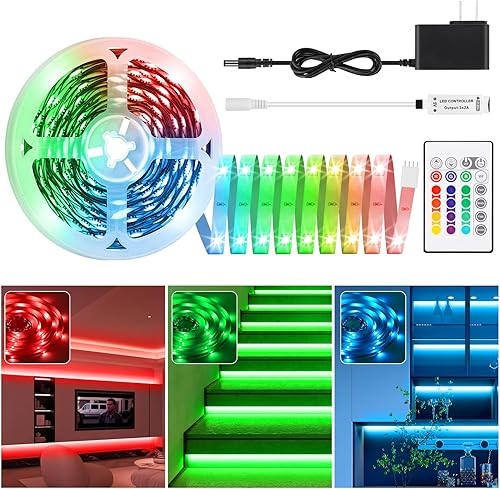 Tira de luces LED de 32.8 pies, 5050 RGB que cambian de color con control remoto IR de 24 teclas y fuente de alimentación, kit de tira de luz LED