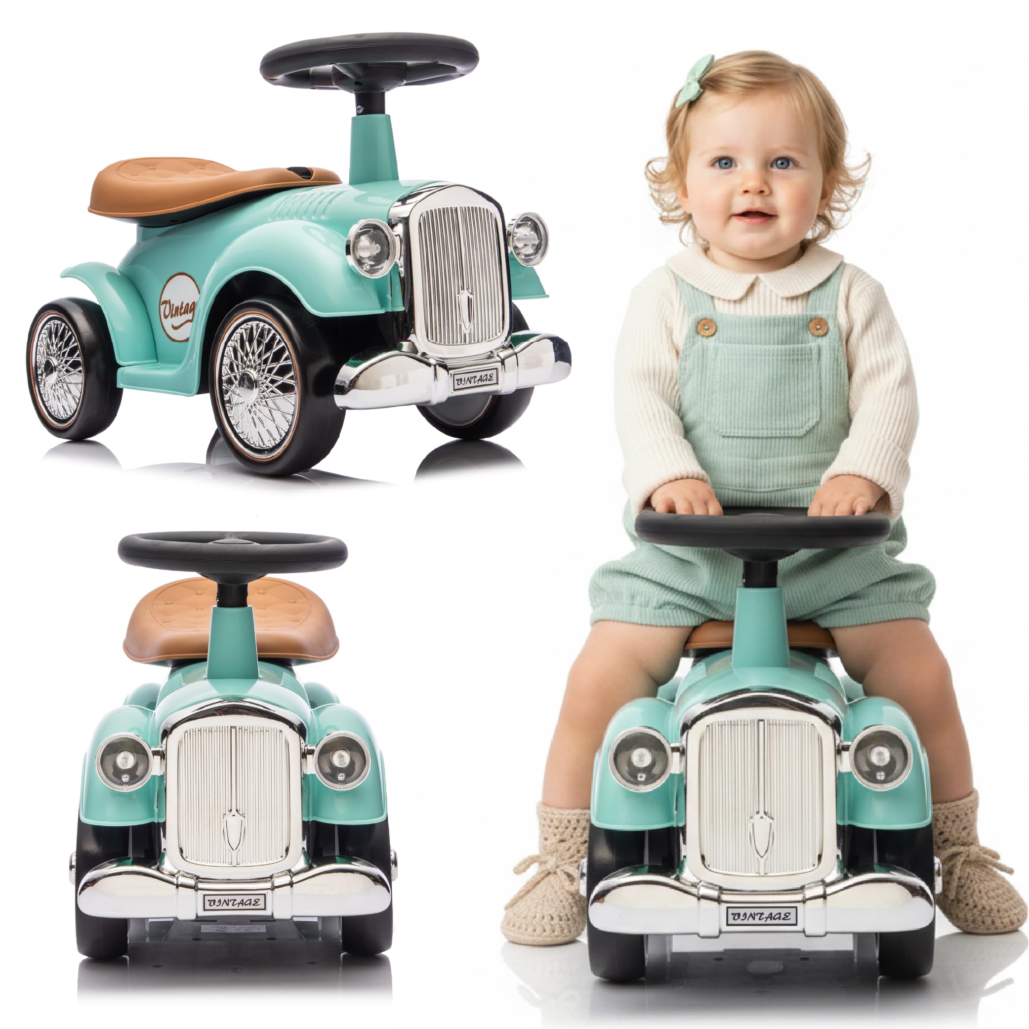 Macchinina bambino 1 anno Retro Classic, macchinina cavalcabile bambino, auto per bambini, aiuto per imparare a camminare con suoni, Volante con clacson (Turchese)