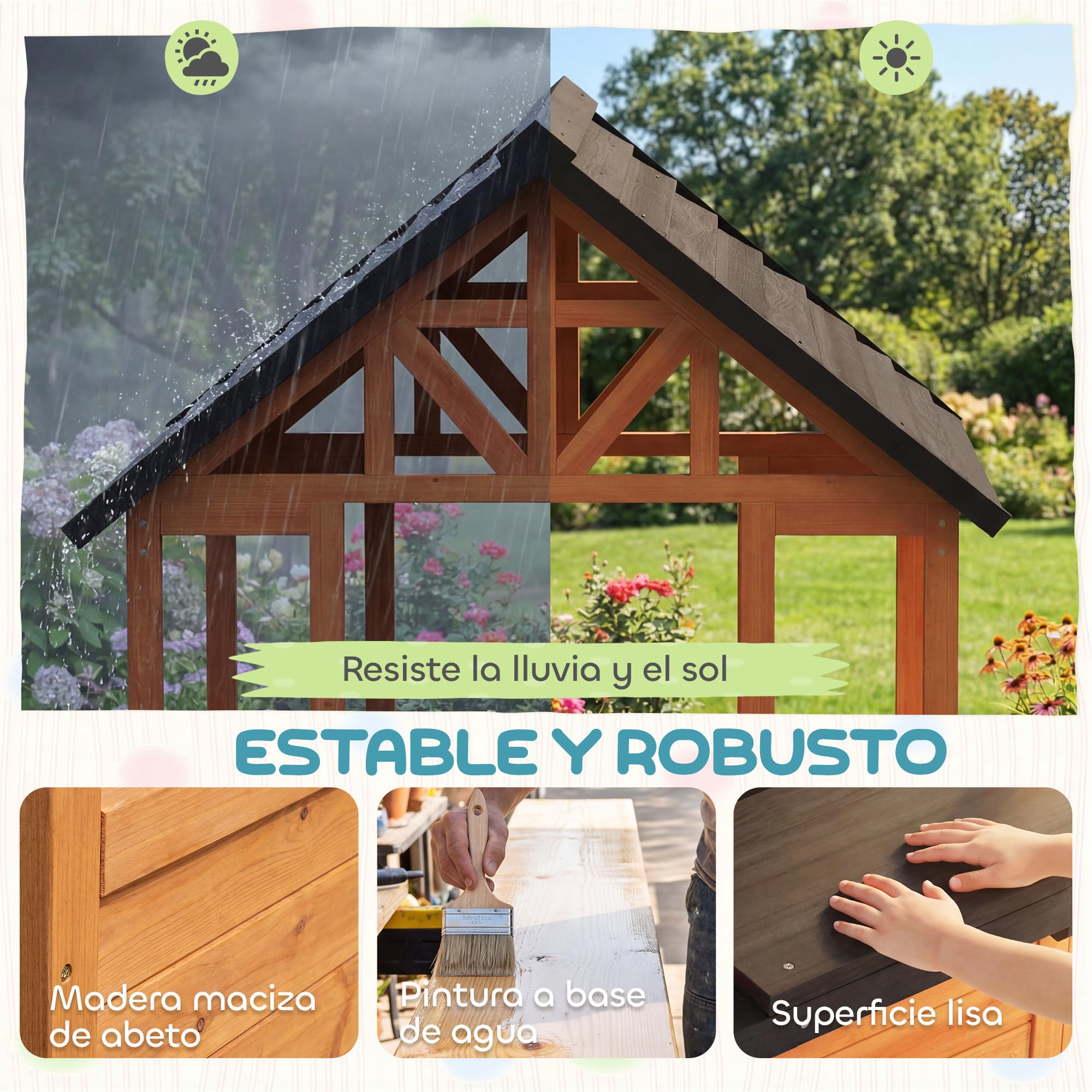 AIYAPLAY Casita Infantil Exterior e Interior de Madera, Casita Infantil con Barra de Snack, Mesa de Picnic y Bancos, Fregadero, Maceteros, Ventanas, Cocina Juguetes para Niños 3-8 Años, Marrón Claro