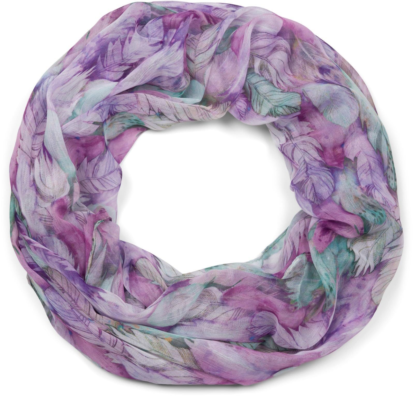 styleBREAKER Women's Loop Scarf with Colorful Feather Pattern, Lightweight Summery Boho Infinity Scarf Multicolored 01016239, Colour:Violet-Green