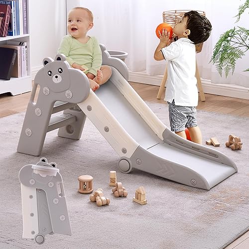 Toboganes de interior para niños pequeños, plegables de plástico con aro de baloncesto y pelota