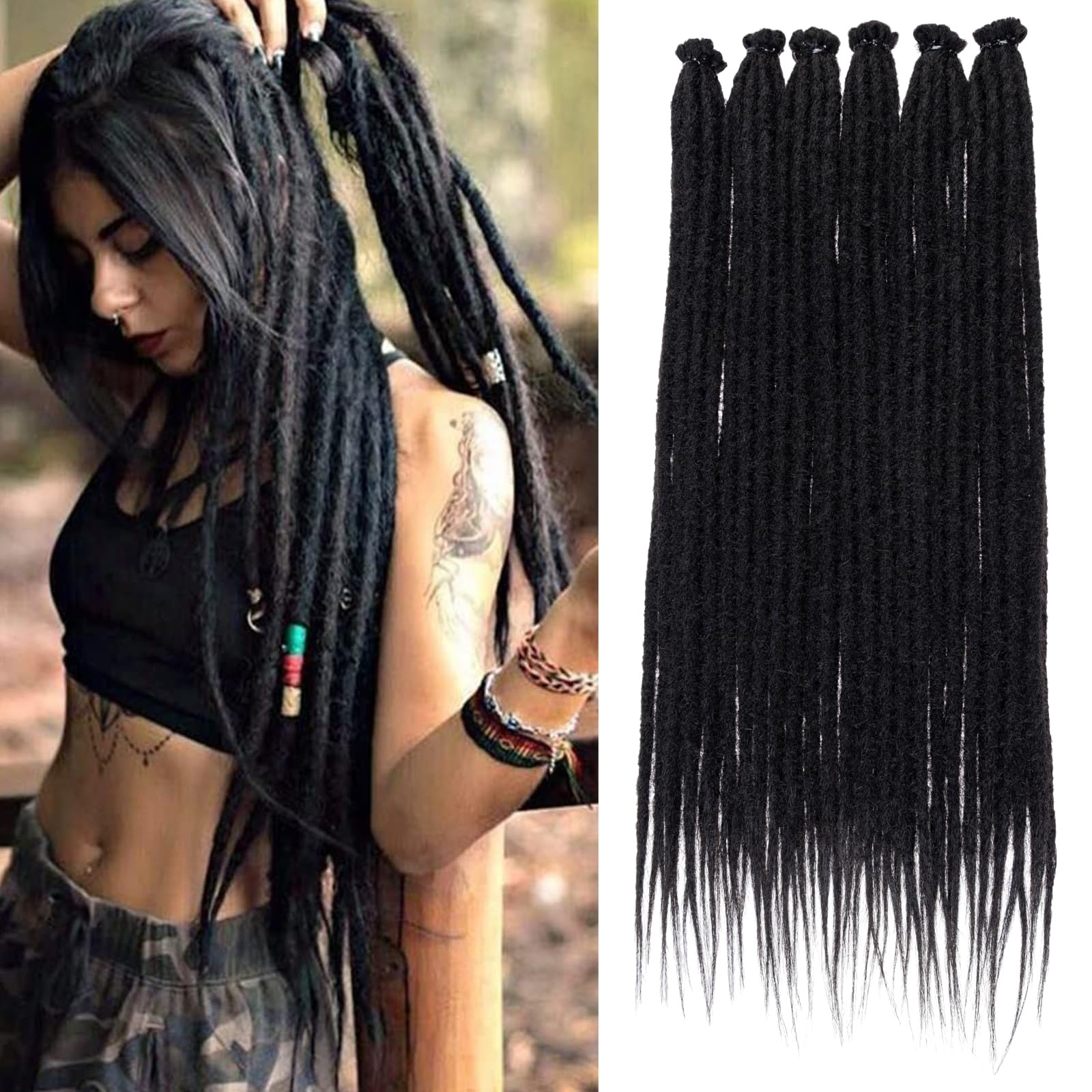 Samtress 18 Inch Dreadlock Extensions Thin 0.6 cm Synthetic Dreadlock Extensions 10 Strands Black Handmade Single Ended Dreads Reggae Style Crochet Hair（#1B）