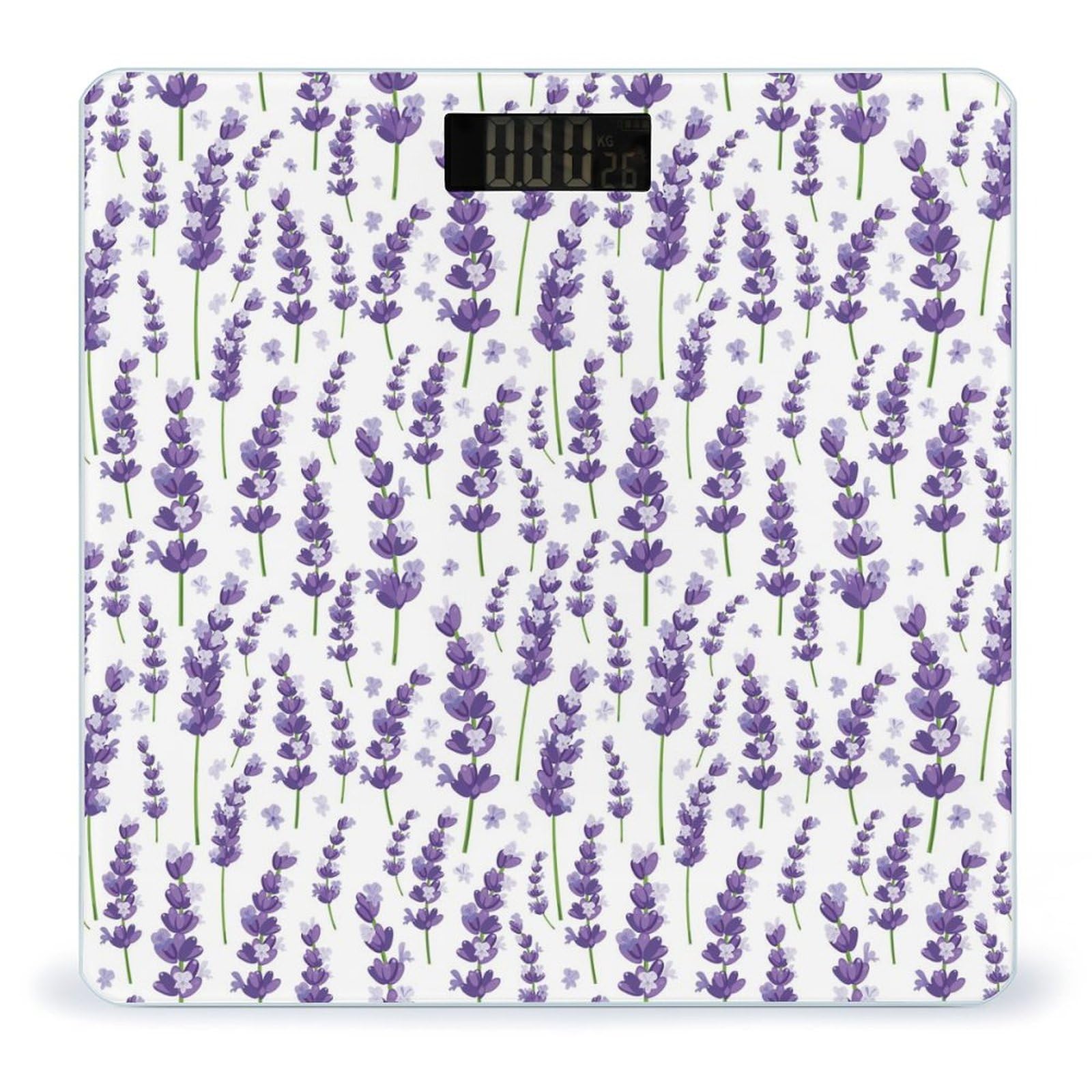 Lavender Flowers Purple Digital Scales for Body Weight - Bright LCD Display Digital Weight Scales Bathroom with Automatic Power On/Off - Sturdy Tempered Glass Surface