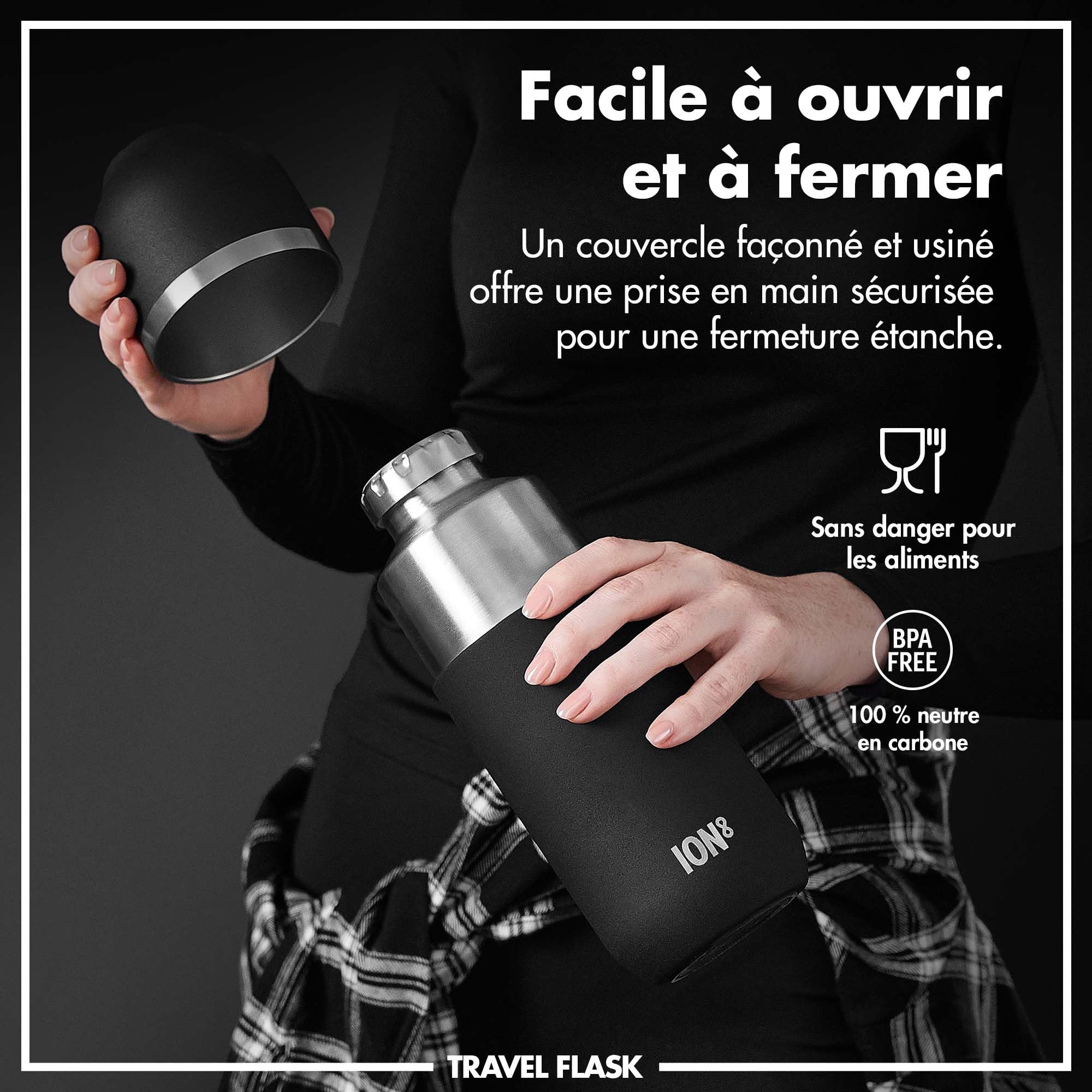 ION8 Gourde Isotherme ThermoShield pour Boissons Chaudes ou Froides, Grande Tasse Isotherme, Capacité de 2 Tasses, Bouchon Magnétique et Base Souple - Élégant et Écologique, Noir